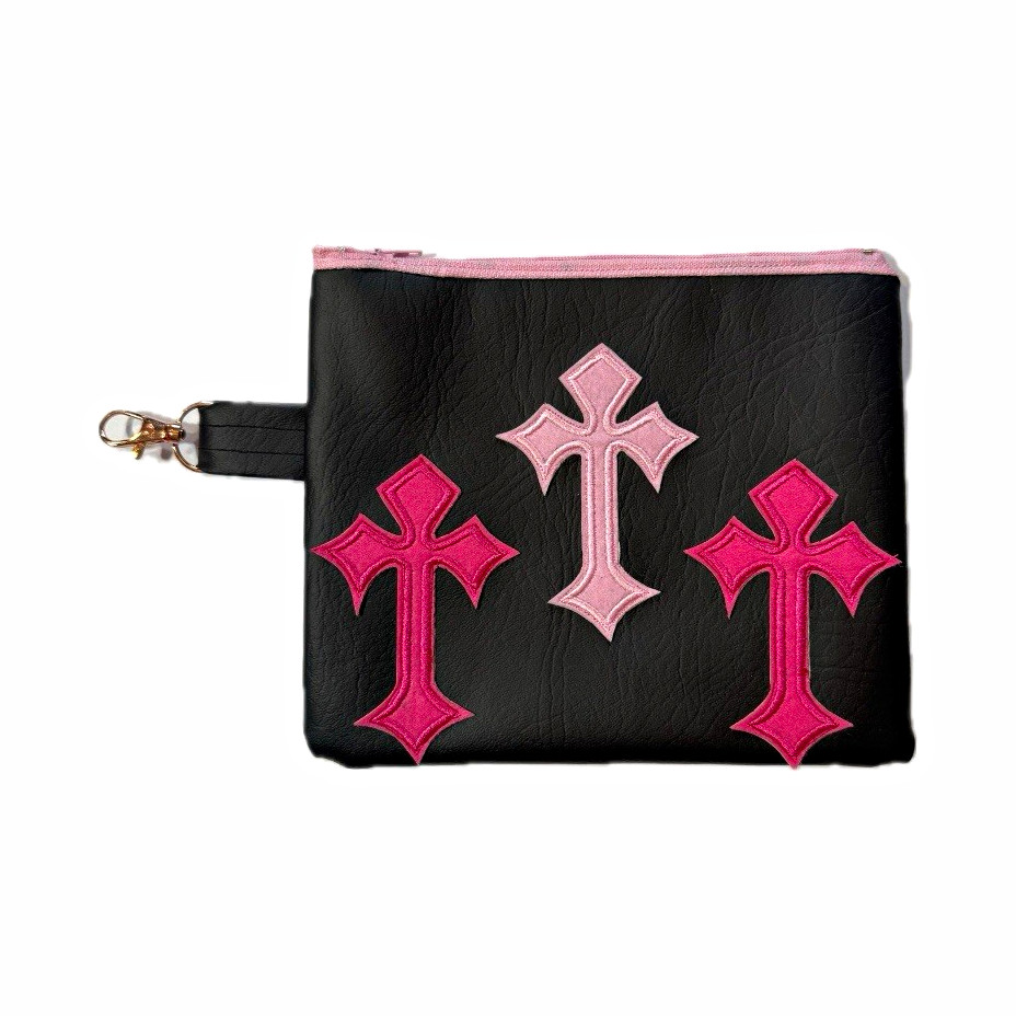 Black Pink Zip Cosmetic Makeup Bag Pouch w/ Pink Cross Design, 7 x 5 in