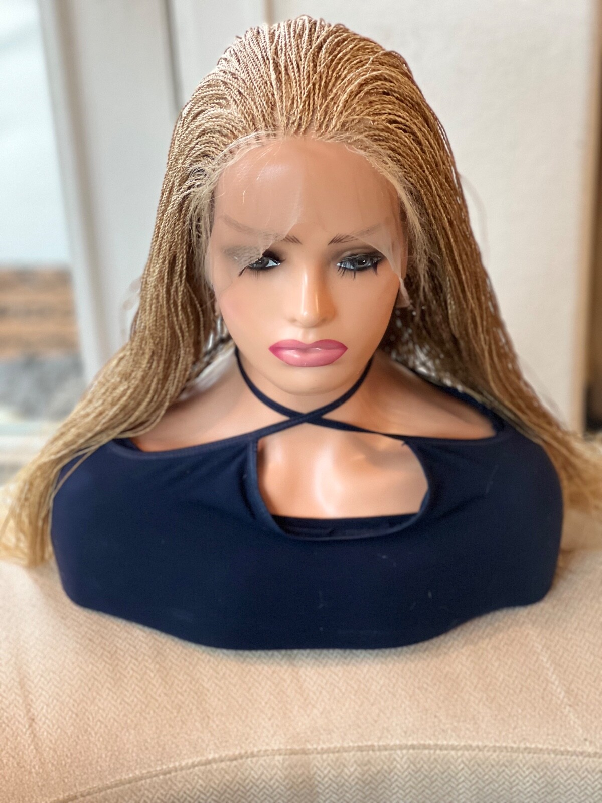 BRAIDED MICRO TWIST WIG . Made on a full lace wig.length is 26 Golden blonde.