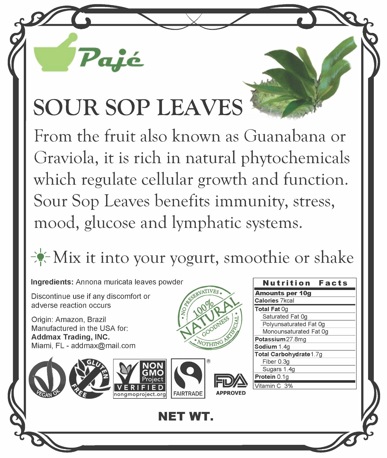 GRAVIOLA LEAF powder 16oz 1lb Guanabana SOURSOP LEAVES Cell health PAJE