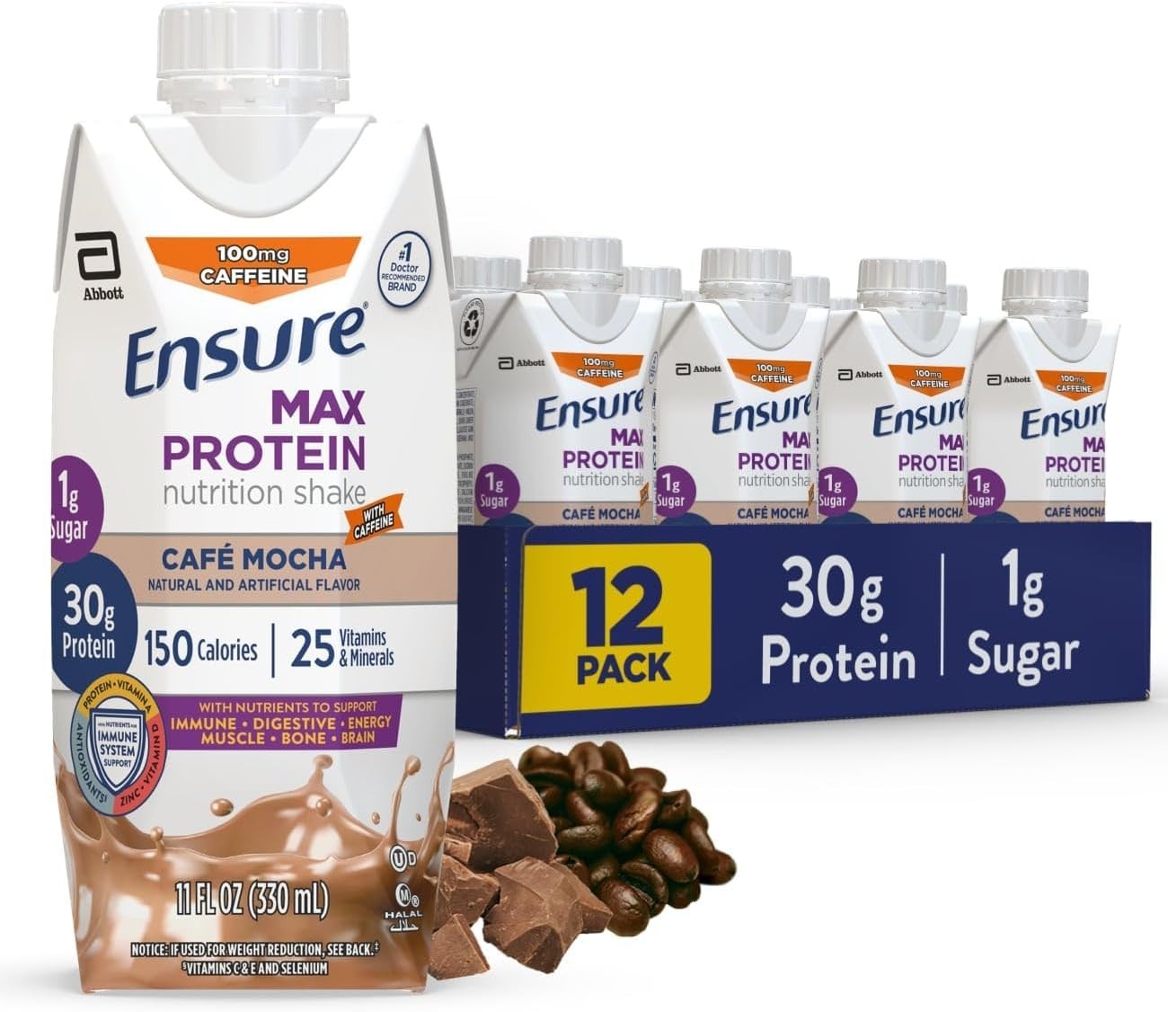 (12 Pack) Ensure Max Protein Cafe Mocha Nutrition Shake, Meal Replacement, 11 Oz