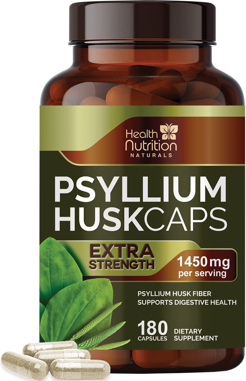 High Absorption Psyllium Husk Fiber Caps 1450 mg, Natural Soluble Fiber Capsules