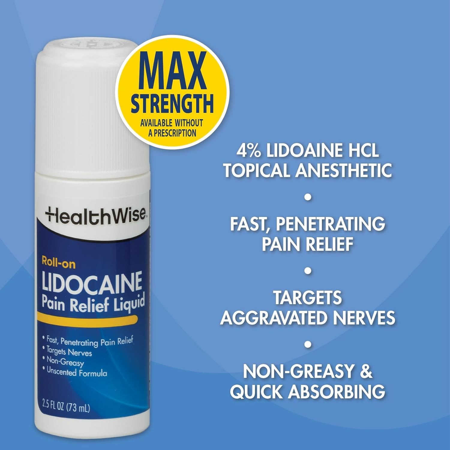 HealthWise 4% Lidocaine Roll-On | OTC Strength | Pain Relief Liquid | 2.5 oz
