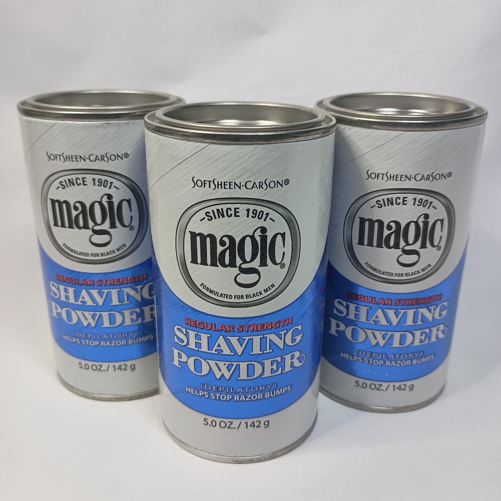 3 Magic Shaving Powder Blue Regular Strength Soft Sheen Carson Cans 5 oz