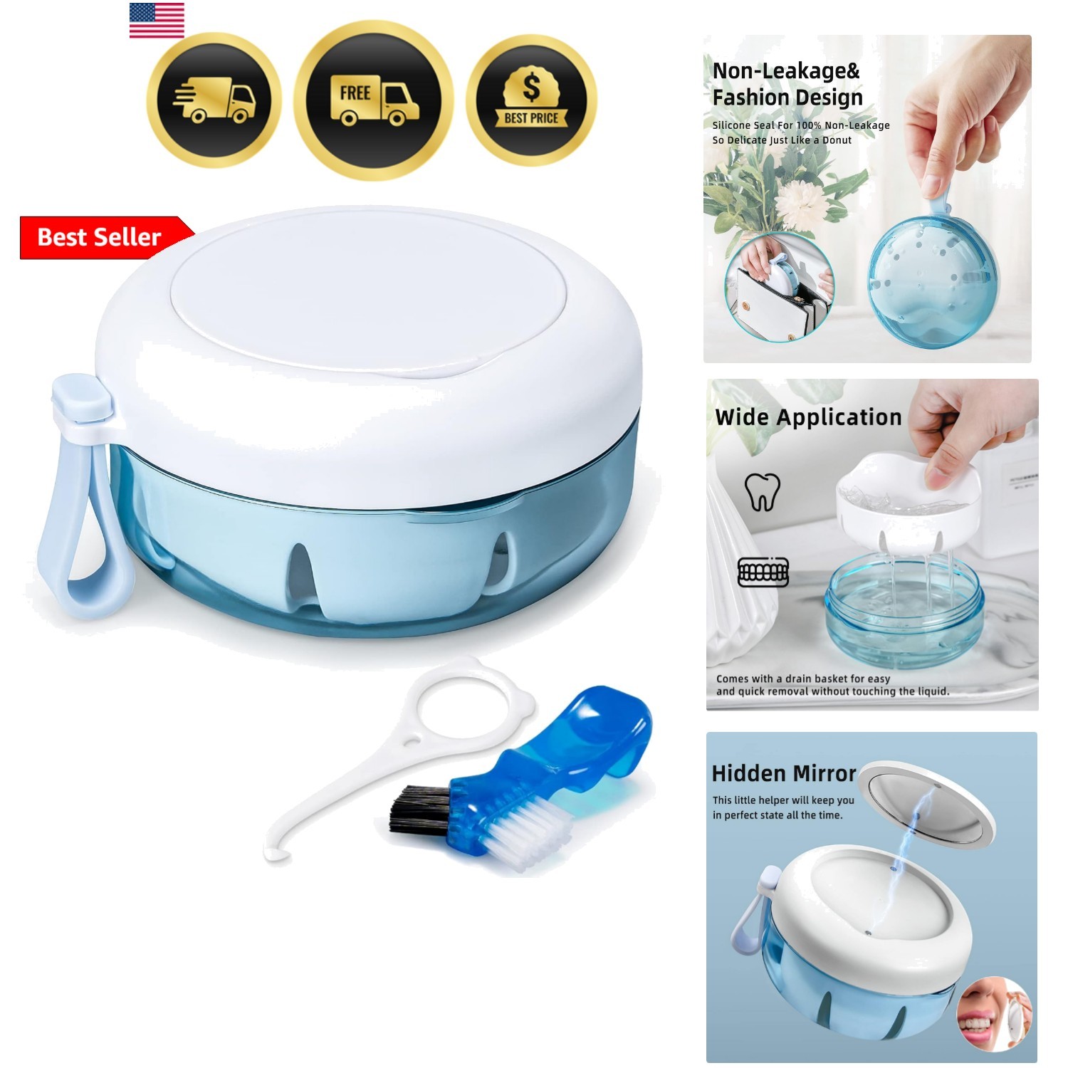 Leak Proof Denture Cup Kit Portable Retainer Case Perfect for Travel, Denture…