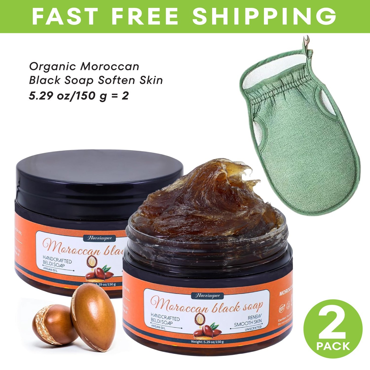 2 Pack Organic Moroccan Black Soap Soften Skin, Beldi Soap Oil & Vitamin 5.29oz