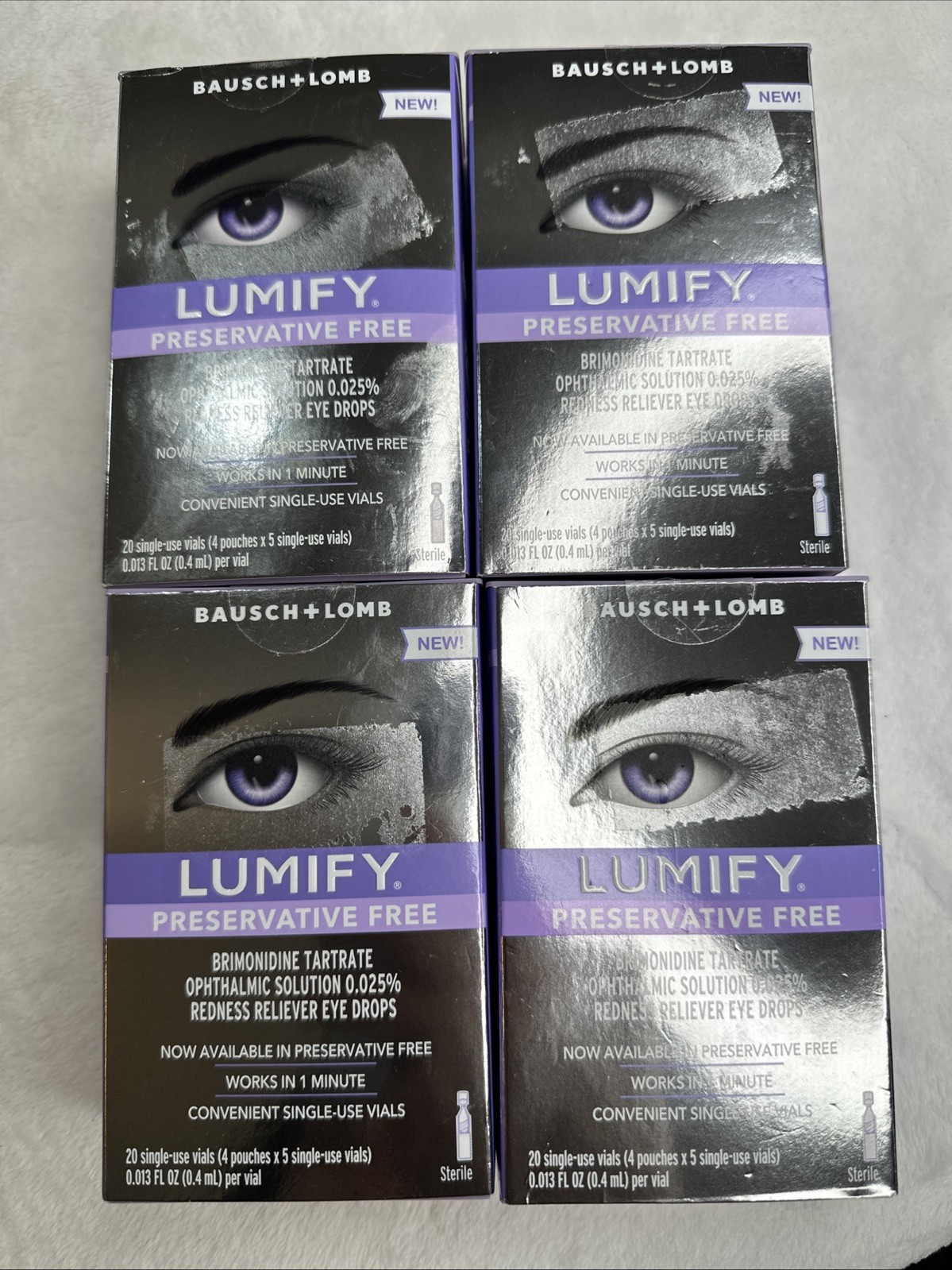 4 Box Lot Lumify Preservative Free Redness Reliever Eye Drops 20 Single .4 Vials