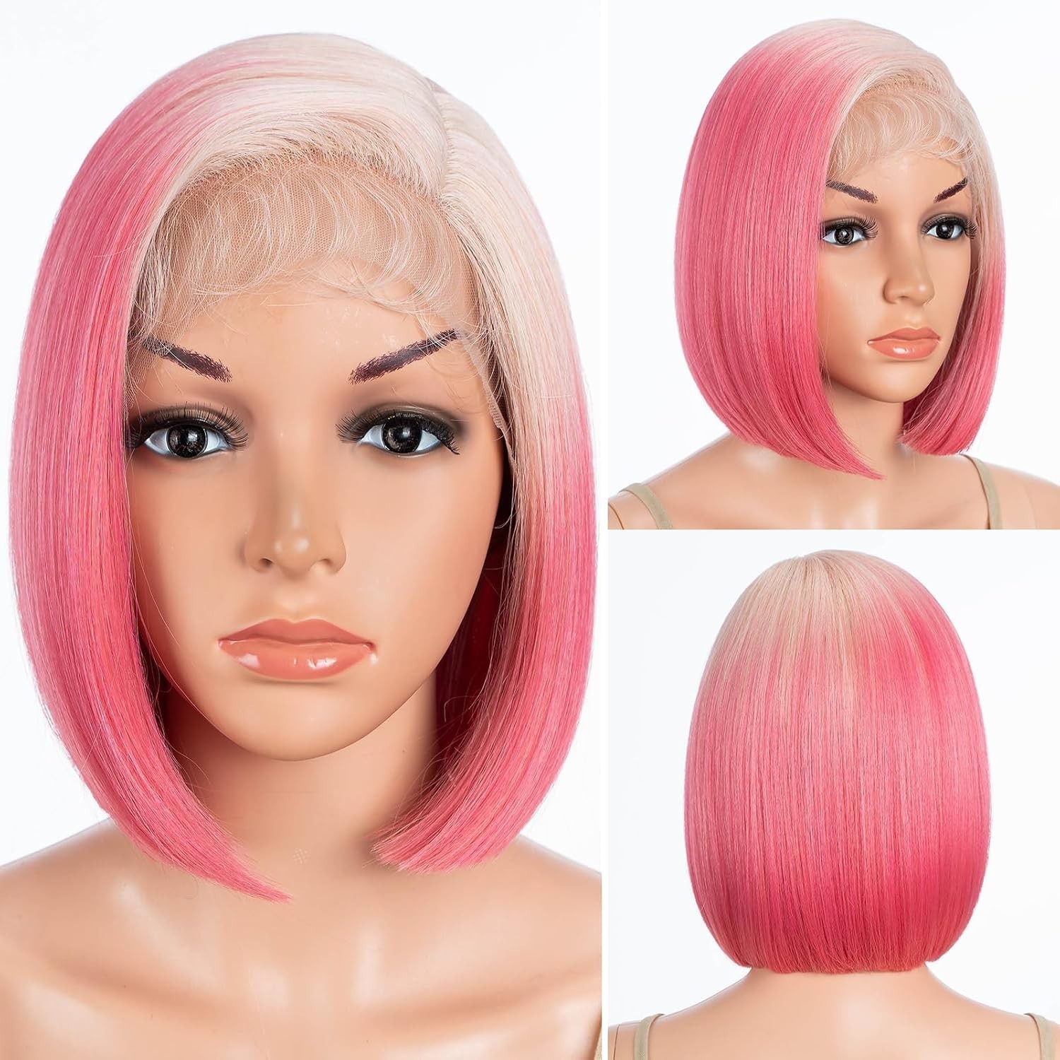 Lace Front Bob Wigs Ombre Strawberry Pink Side Part Simulated Scalp with Hand-Ti