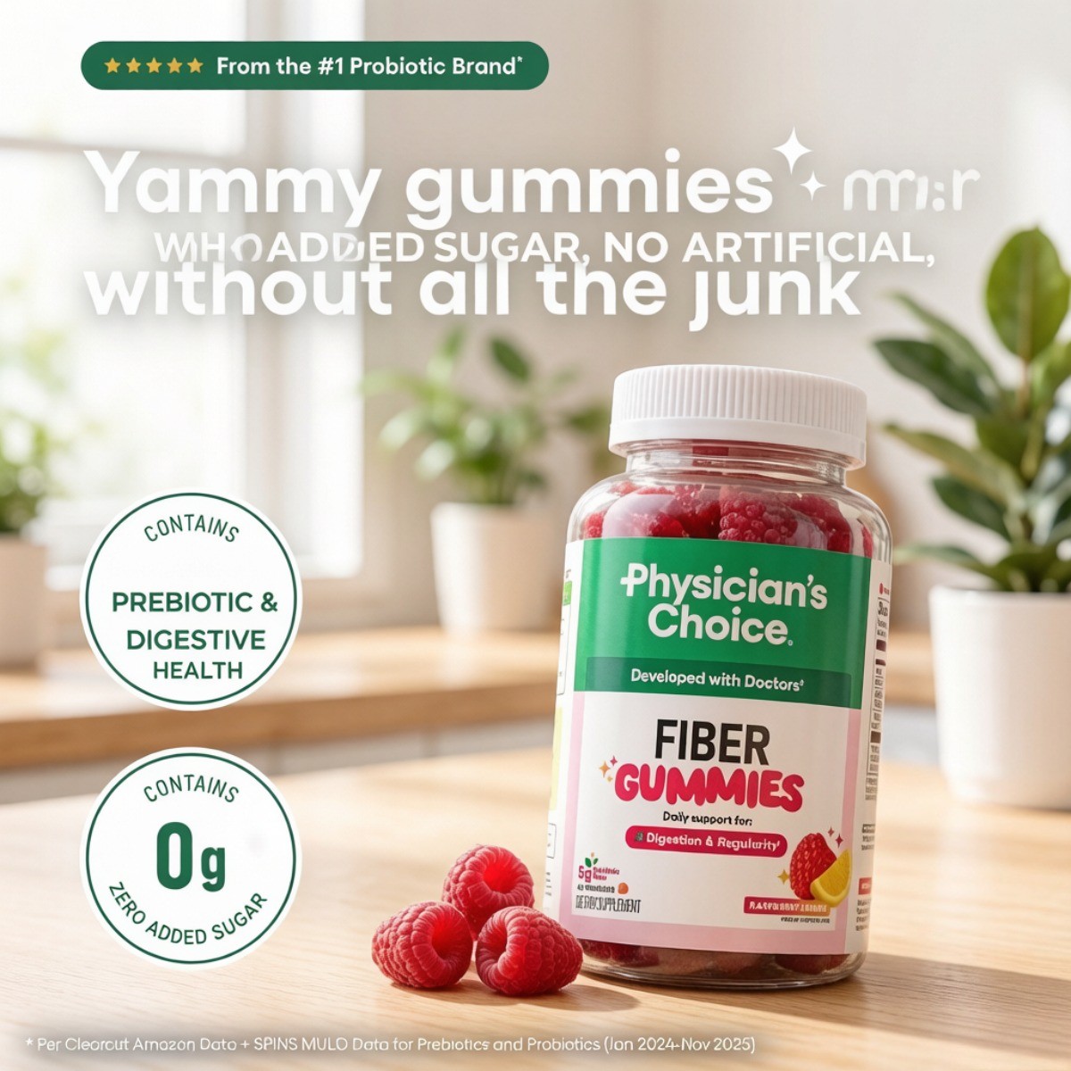 Physician’s Choice Fiber Gummies – Prebiotic, Sugar Free, Raspberry Lemon, 60ct