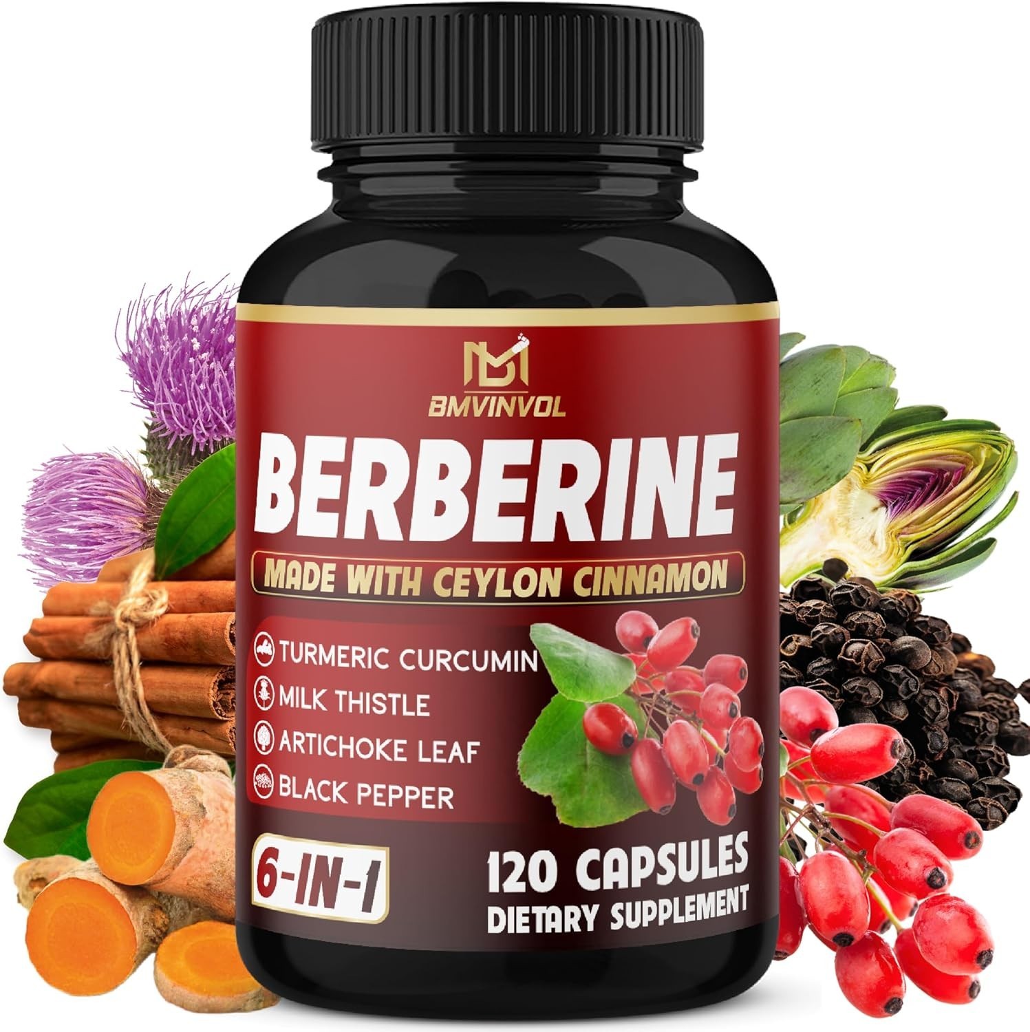 Berberine Ceylon Cinnamon Turmeric Milk Thistle Artichoke Black 120 capsules US