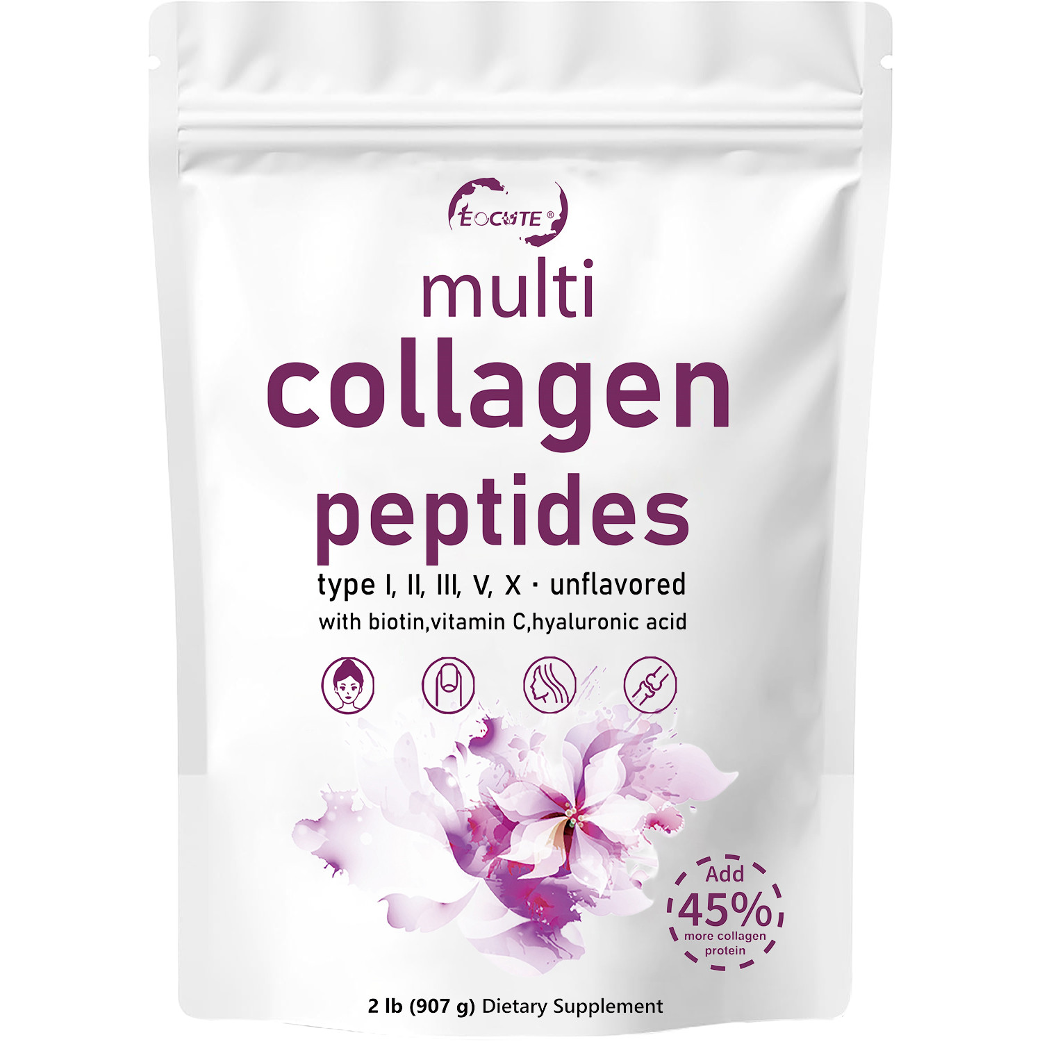 2LB Multi Collagen Peptides Powder–Hydrolyzed Protein with Type I, II, III, V, X