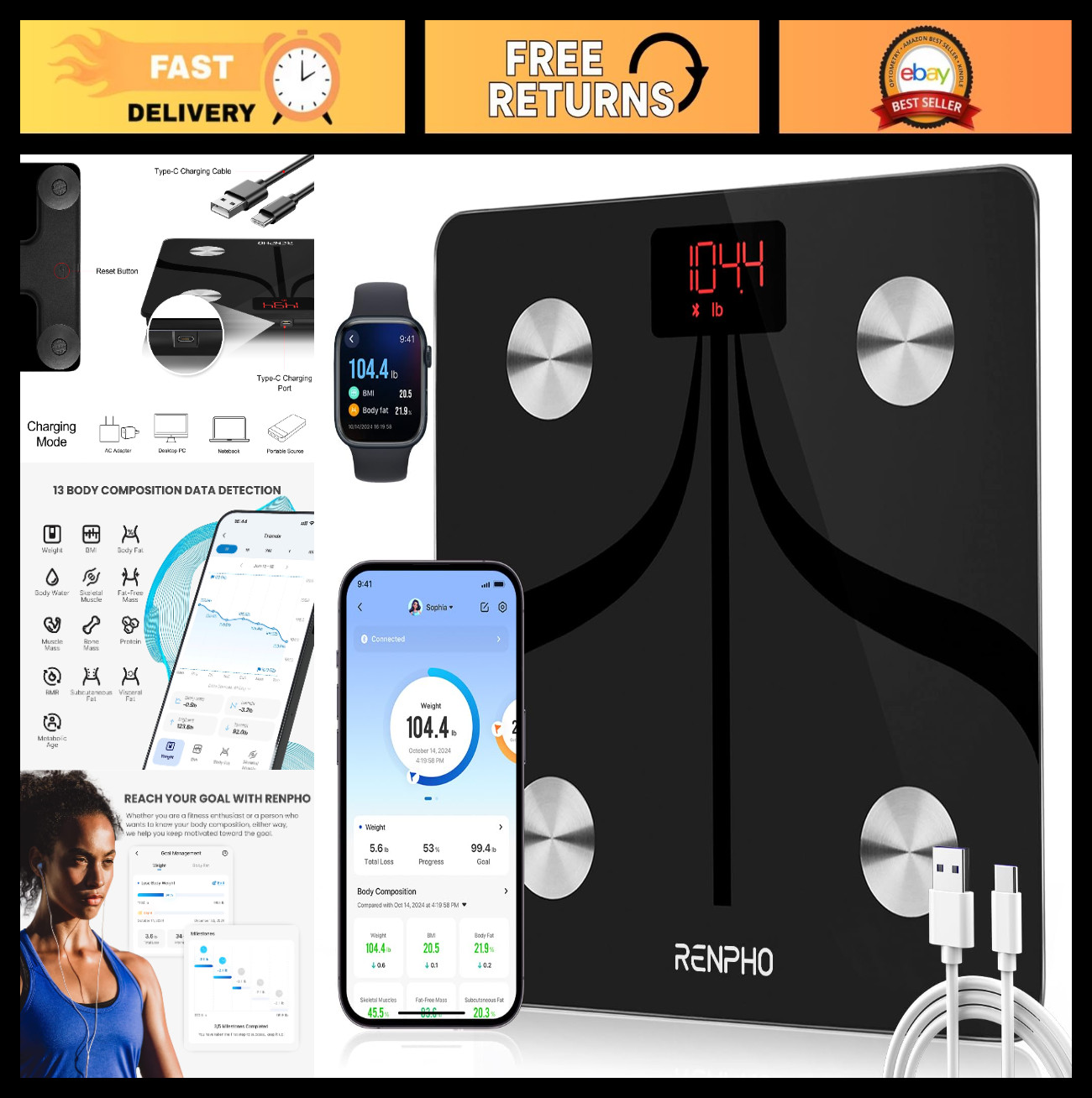 Smart Body Weight Scale, Type-C Rechargeable Digital Bathroom Scale, 13-in-1 Bod