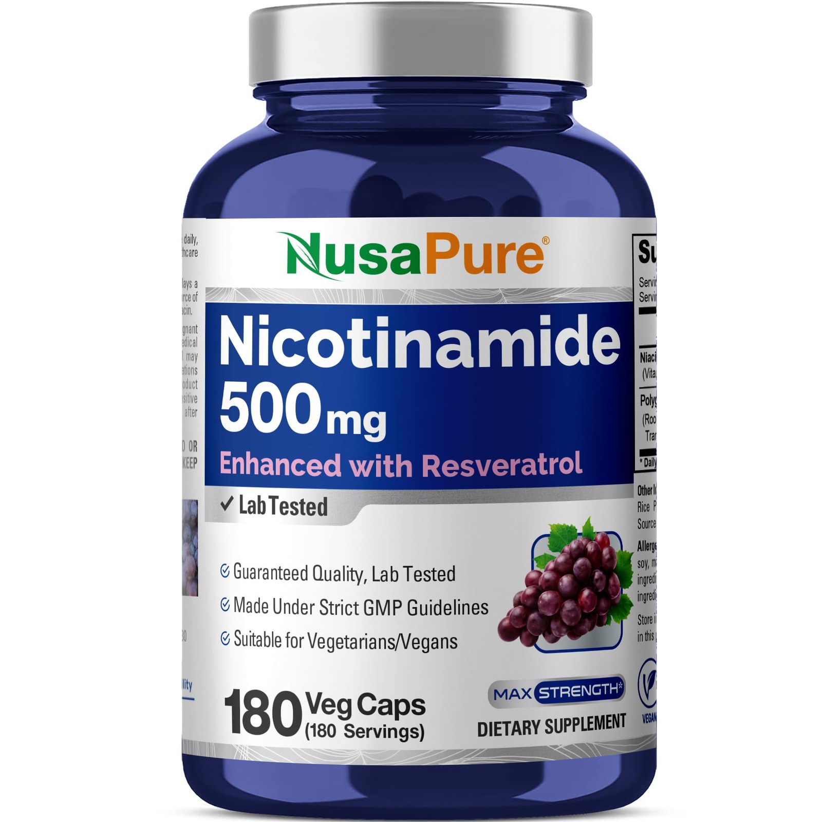 NusaPure Nicotinamide with Resveratrol Vitamin B3 500 mg 180 Vegetarian Caps…