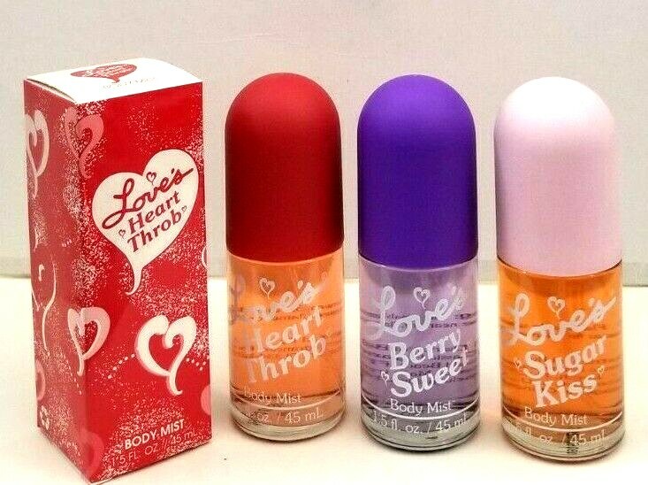3 pk LOVE’S BODY MIST 1.5 Oz Berry Sweet, Heart Throb, Sugar Kiss by Dana UNBOX