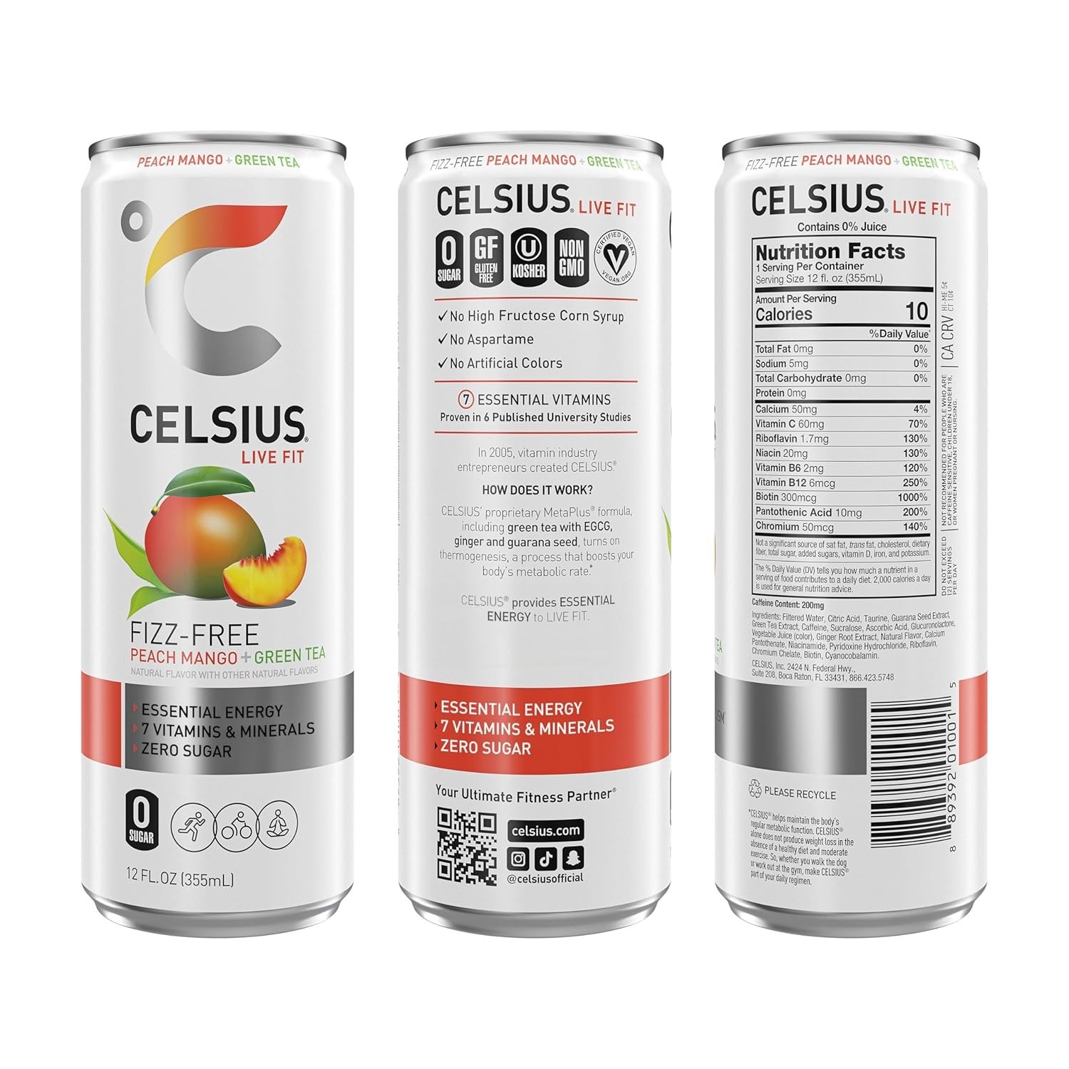 CELSIUS Peach Mango Green Tea, Functional Essential Drink 12 Fl Oz (Pack of 12)
