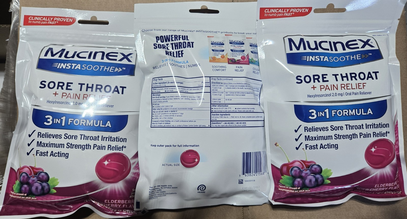3PK Mucinex Instasoothe Sore Throat Pain Relief Lozenges 40 Elderberry 02/2027