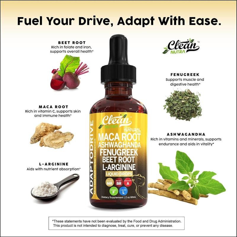 L-Argi Organic Maca Root Liquid Drops Fenugreek- Beet Root、 with Ashwagandha,