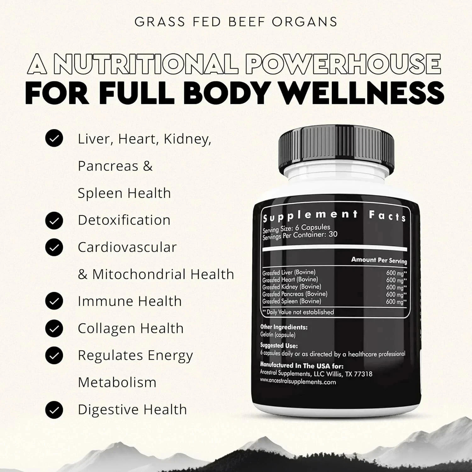 180 Capsules Ancestral Supplements Grass Fed Beef Organ Supplement-3 bottles