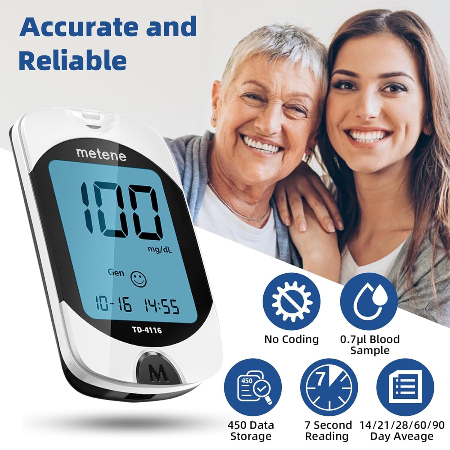 Metene TD-4116 Blood Glucose Monitor Kit, 100 Glucometer Strips, No Coding | 100