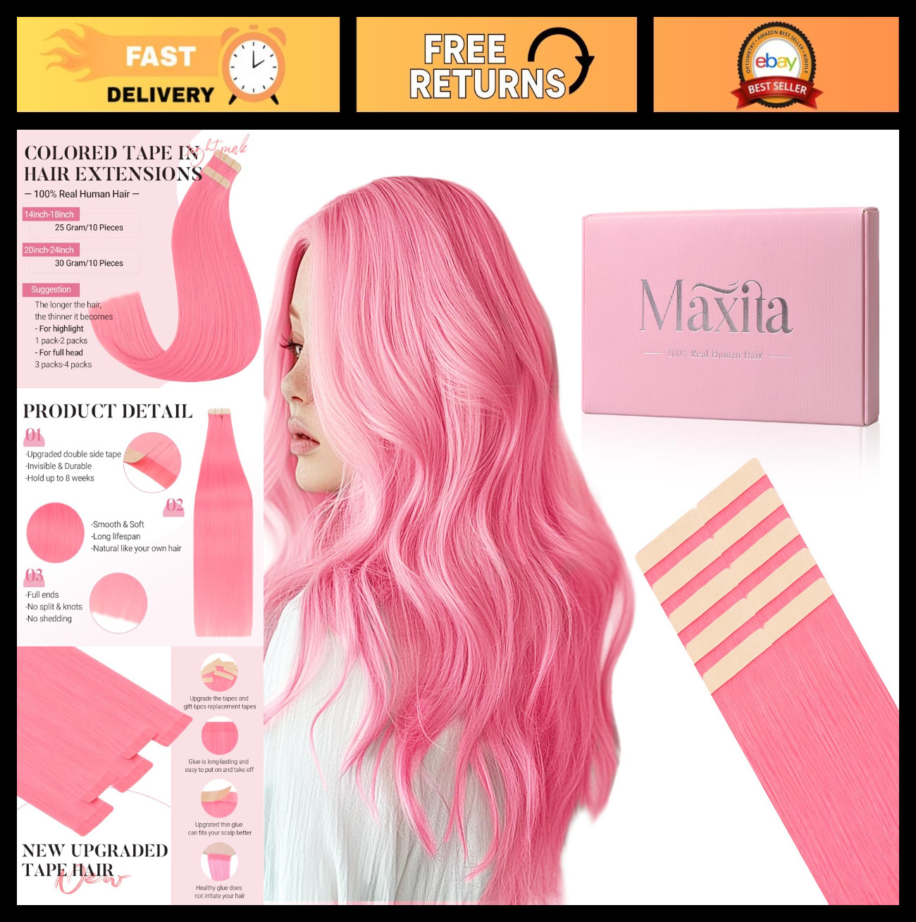 24″ Light Pink Tape-In Hair Extensions – 10pcs 30g Remy Human Hair, Silky Straig