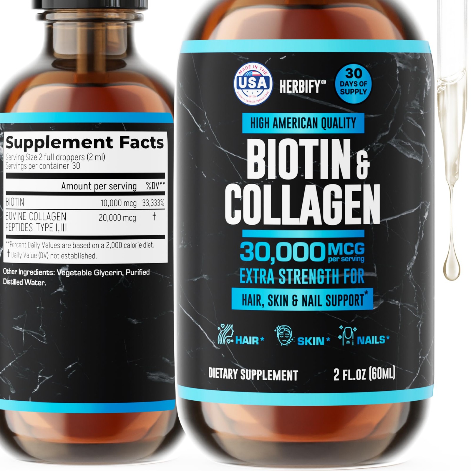 HERBIFY Liquid Biotin and Collagen Drops for Women & Men, 30 Days of Supply …