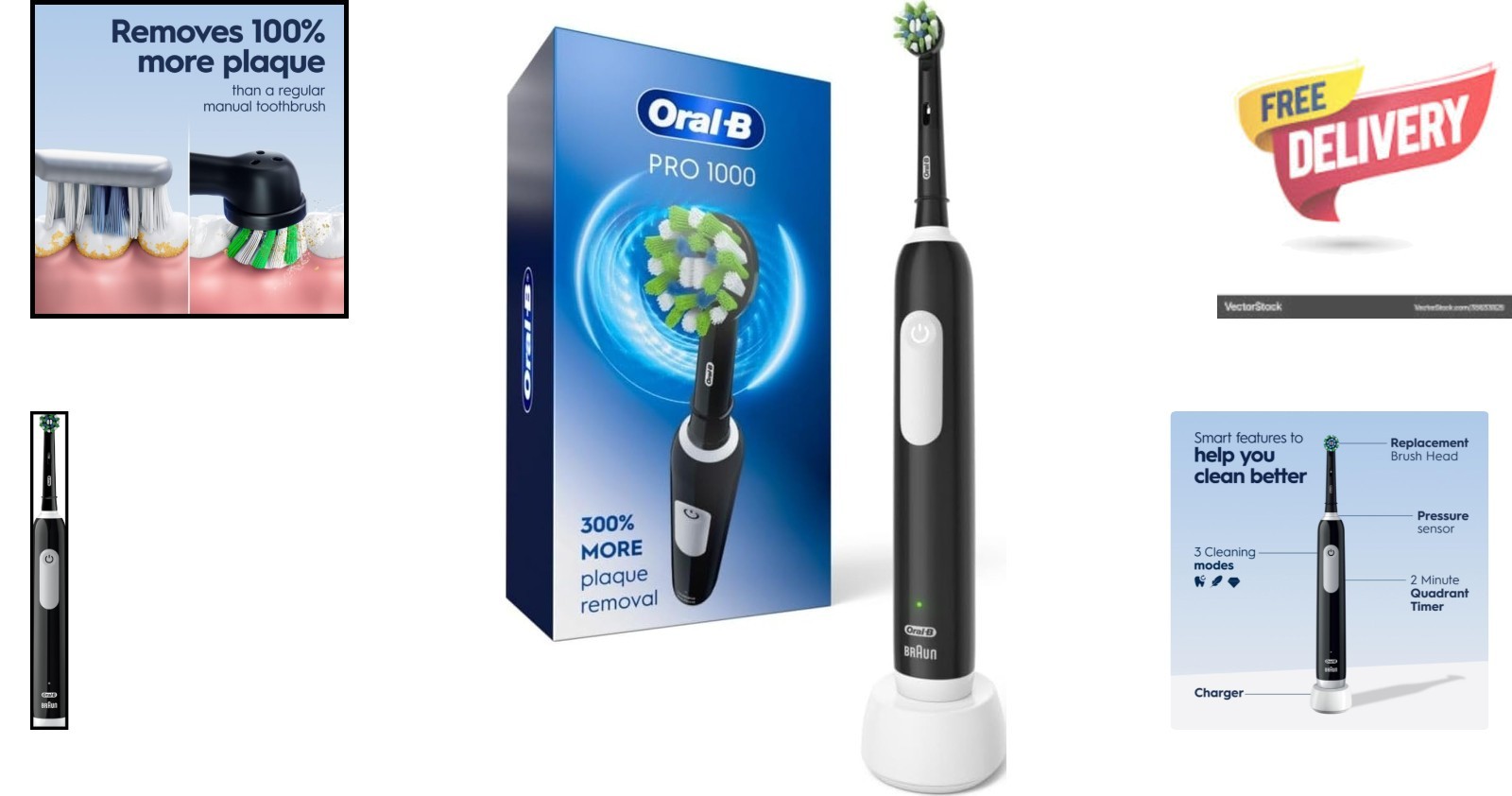 Pro 1000 Electric Toothbrush with Timer & Pressure Sensor – Elegant Black Design