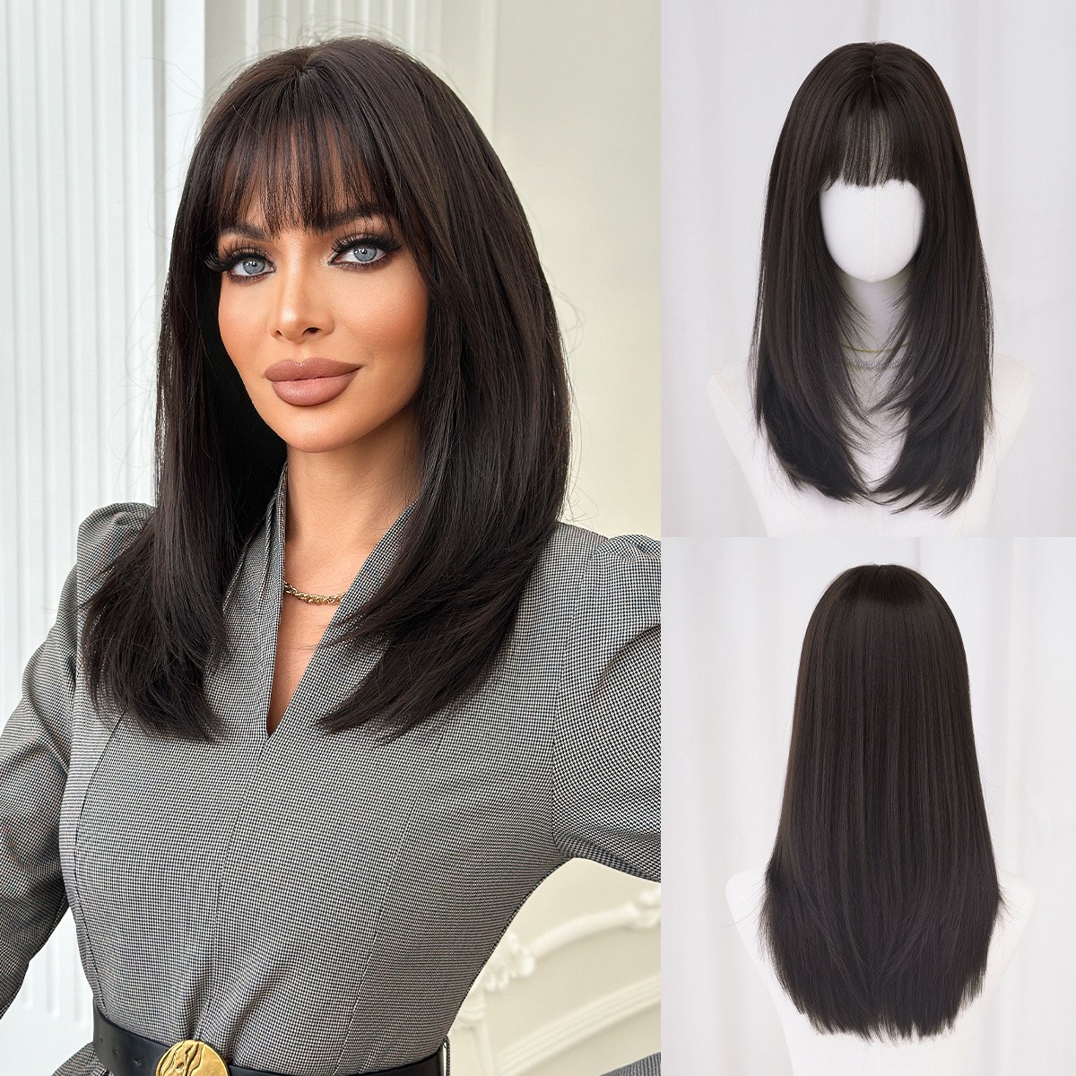 Dark Brown Chest Length Layered Straight Wig with Air Bangs High Quality