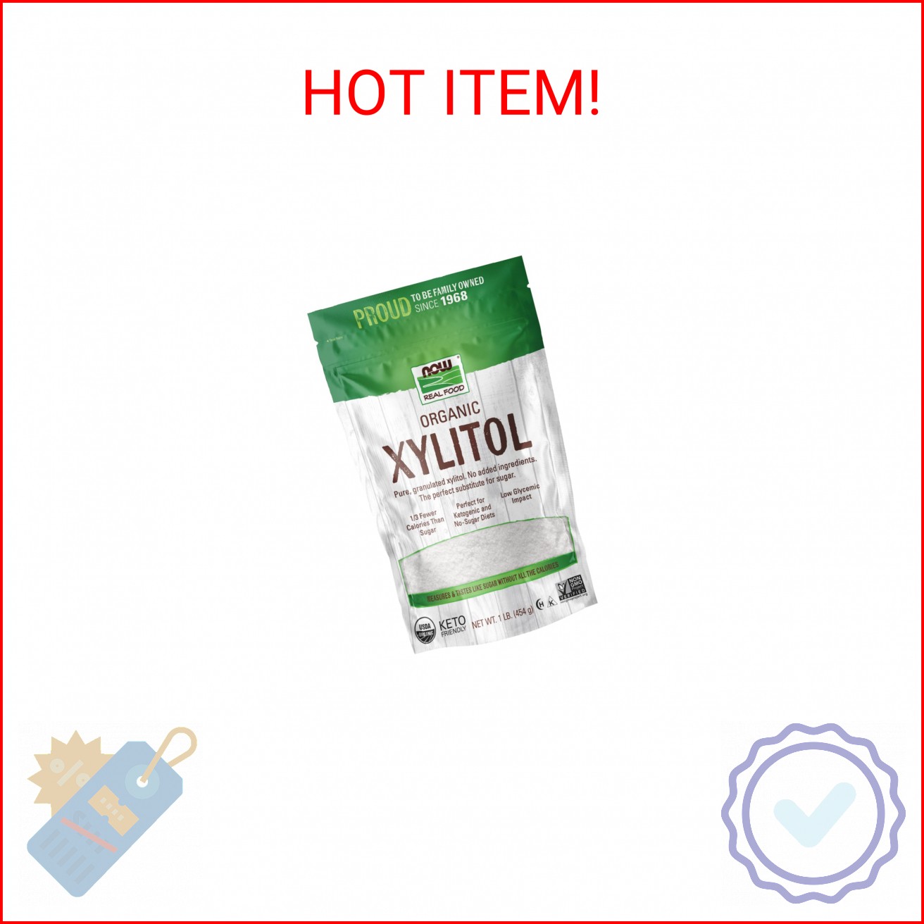 NOW Foods, Organic Xylitol, Pure with No Added Ingredients, Keto-Friendly, Low G
