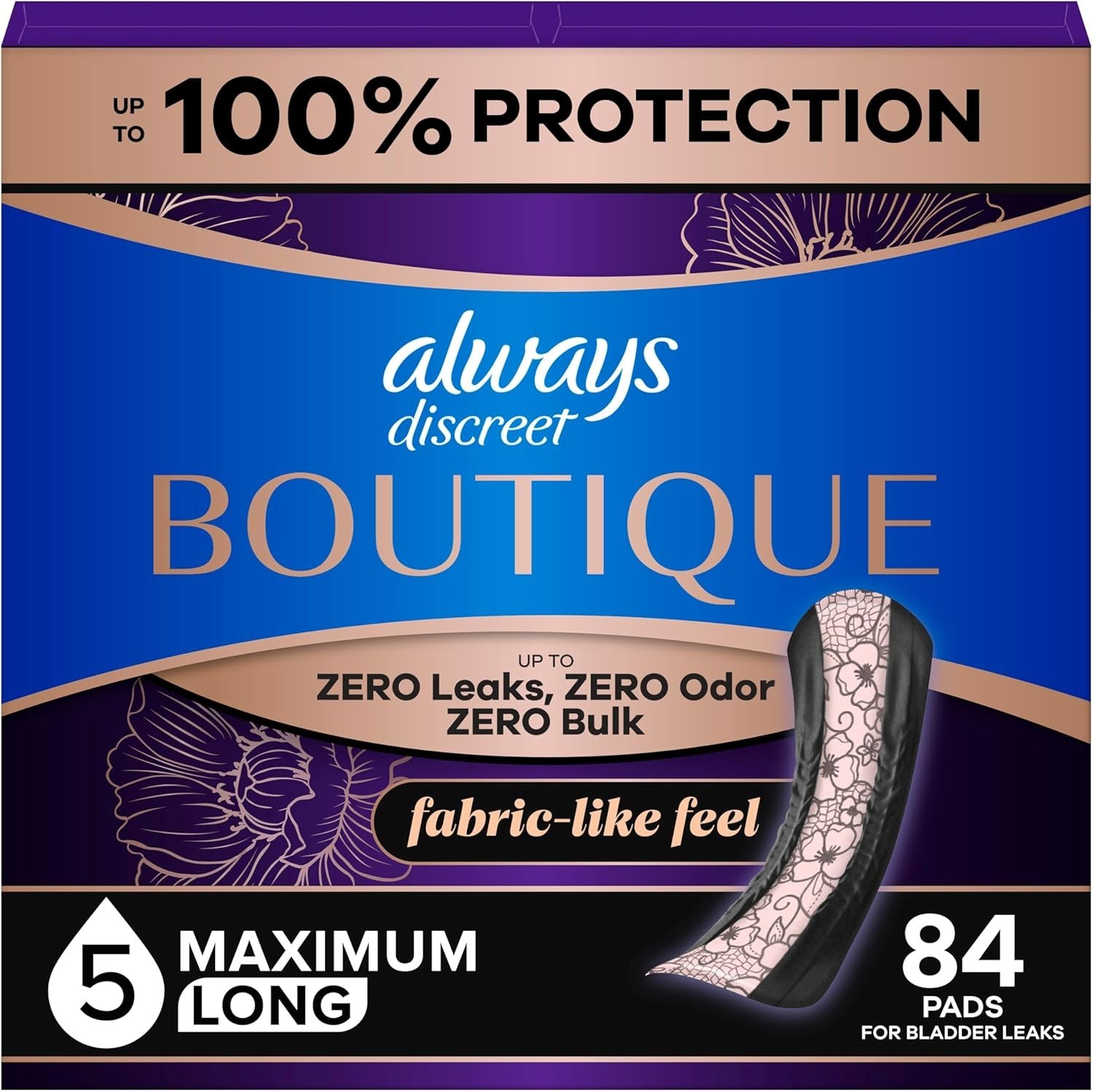 Always Discreet Boutique 5 Drops Incontinence Pads – Heavy – Long Length – 84ct