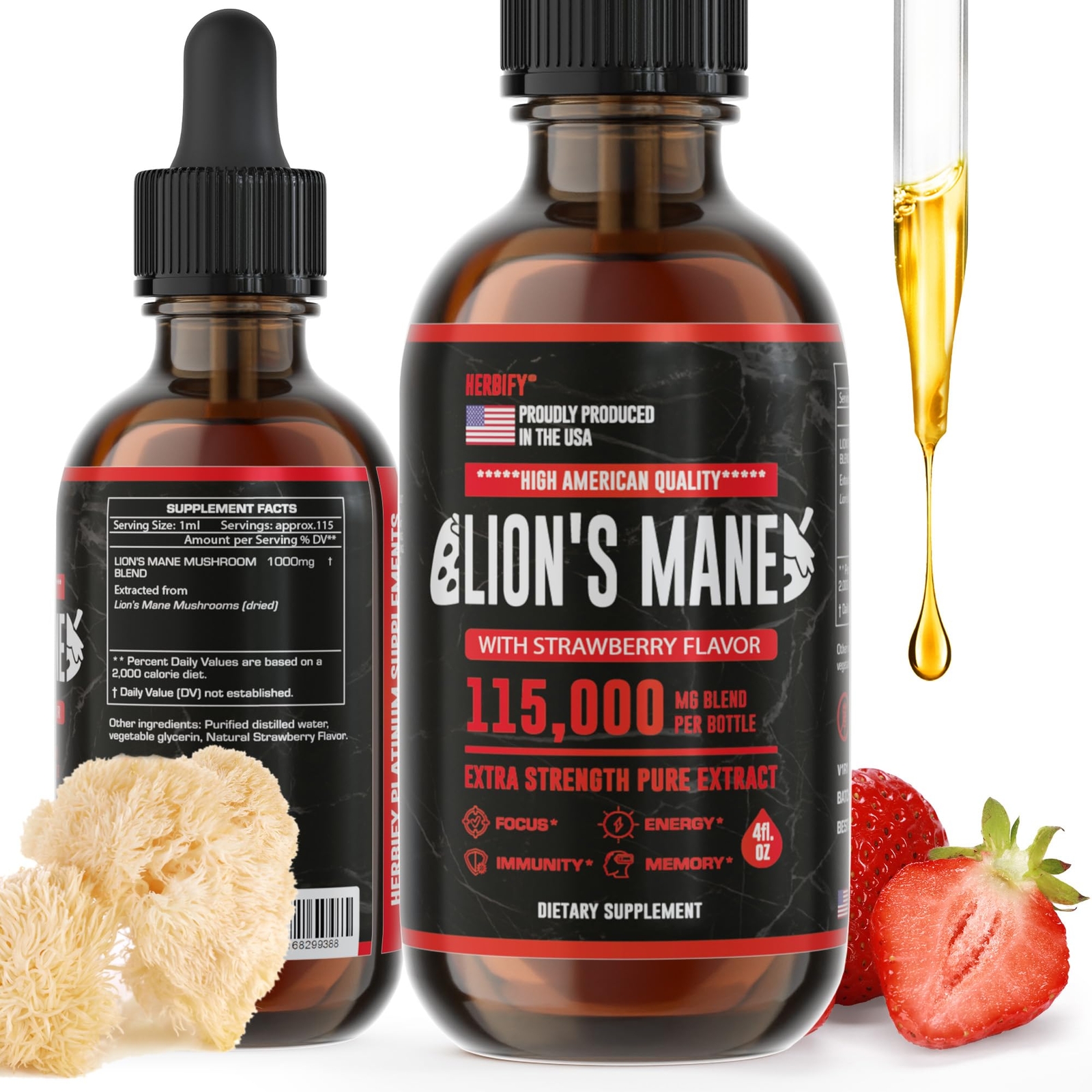 HERBIFY Lion’s Mane Supplement 4oz Strawberry Memory Focus Brain Booster