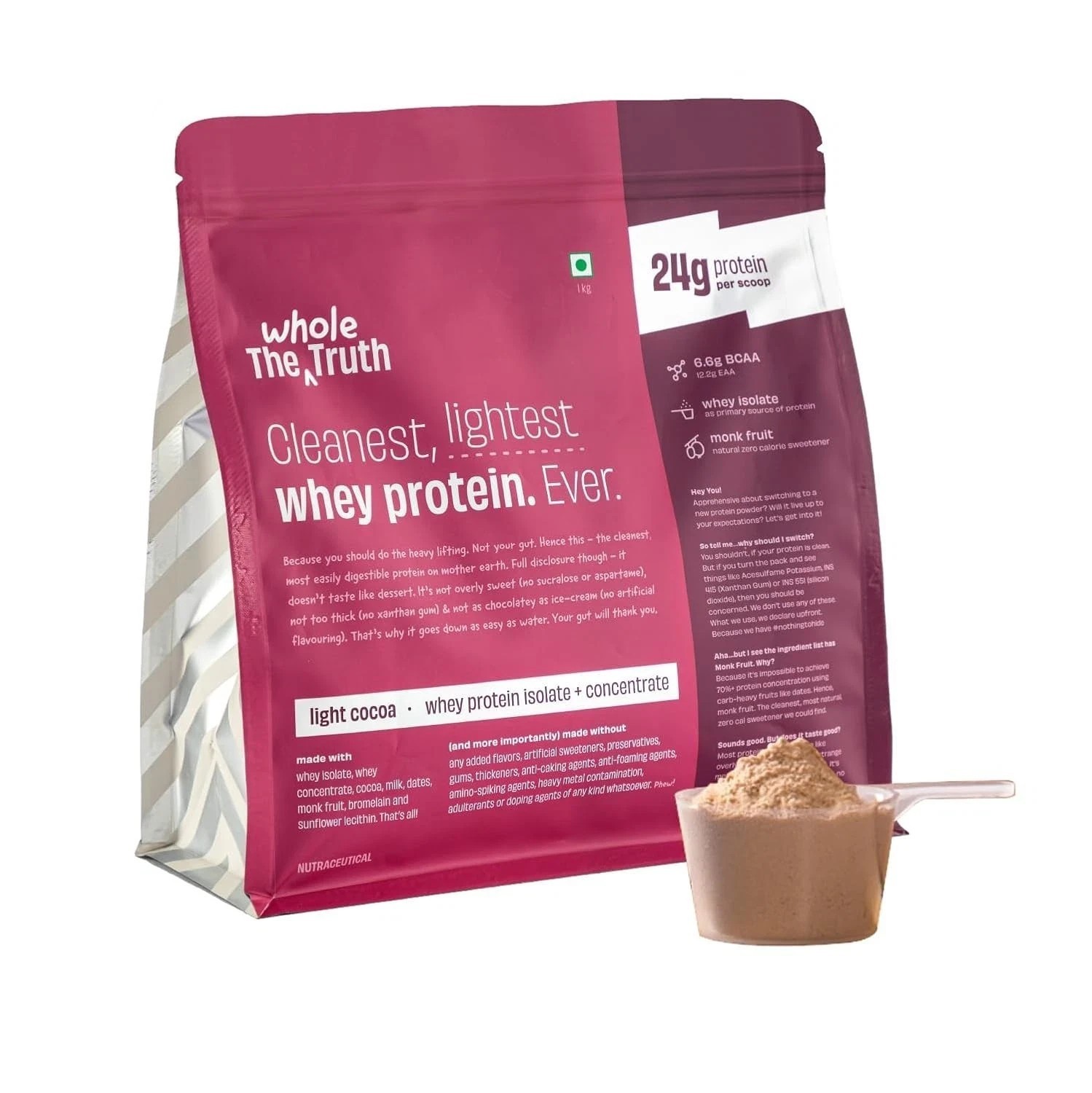 The Whole Truth Whey Protein Isolate+Concentrate Light Cocoa 1 kg Easy to Digest