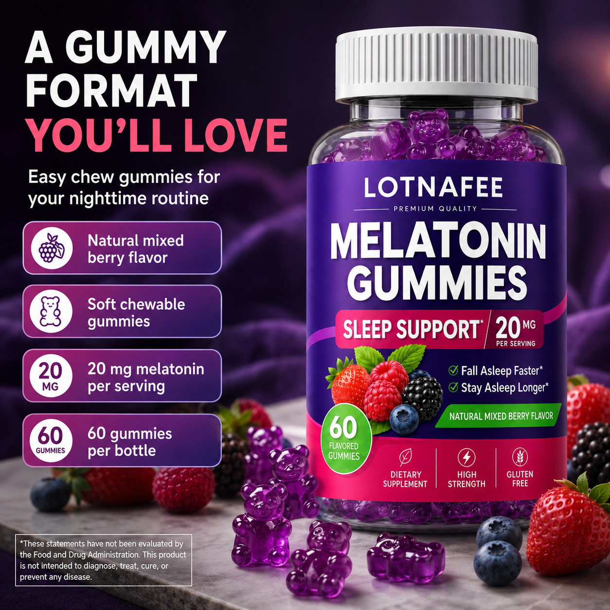 Melatonin Gummies 20mg – Sleep Aid , Fall Asleep Fast and Stay Asleep Quality