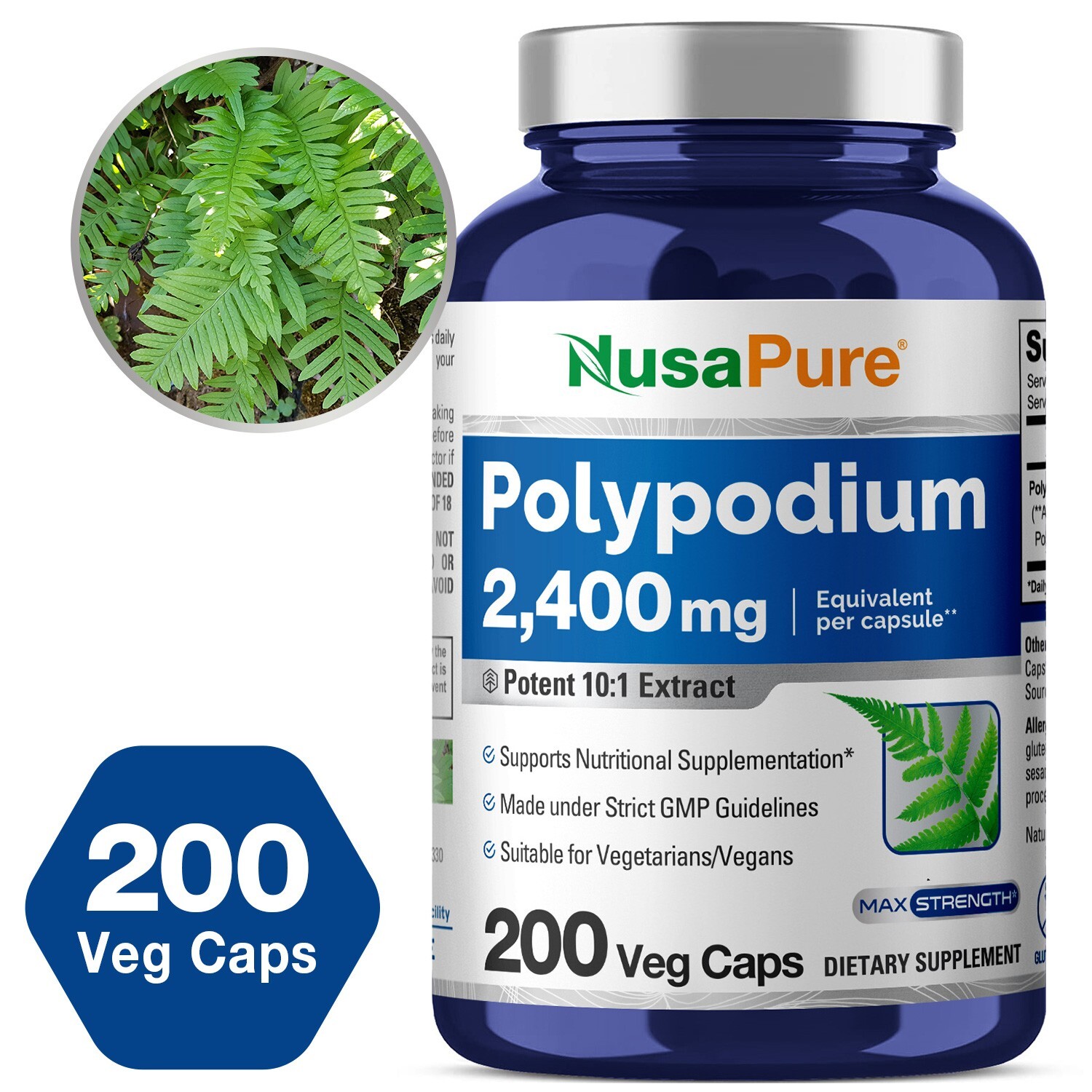 NusaPure Polypodium Leucotomos Extract 2400mg 200 Veggie Capsules