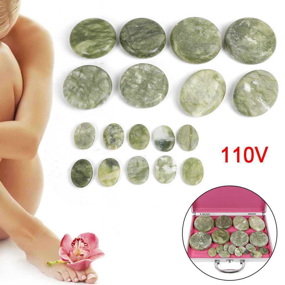 16pcs Hot Massage Stones Kit Natural Jade Heated Warmer SPA Therapy Heating Rock