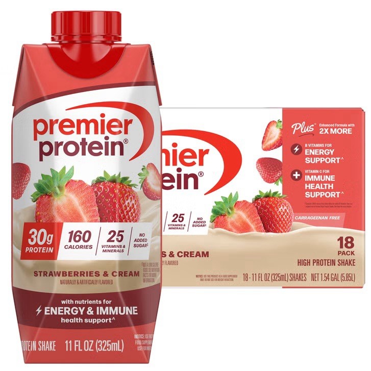 Premier 30g Protein PLUS Energy Shakes, Strawberries & Cream, 11 fl oz, 18-pack