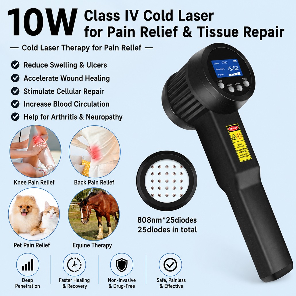 Class IV LLLT Cold Laser Therapy Device 10W 808nm 25 Diodes for Wound Healing