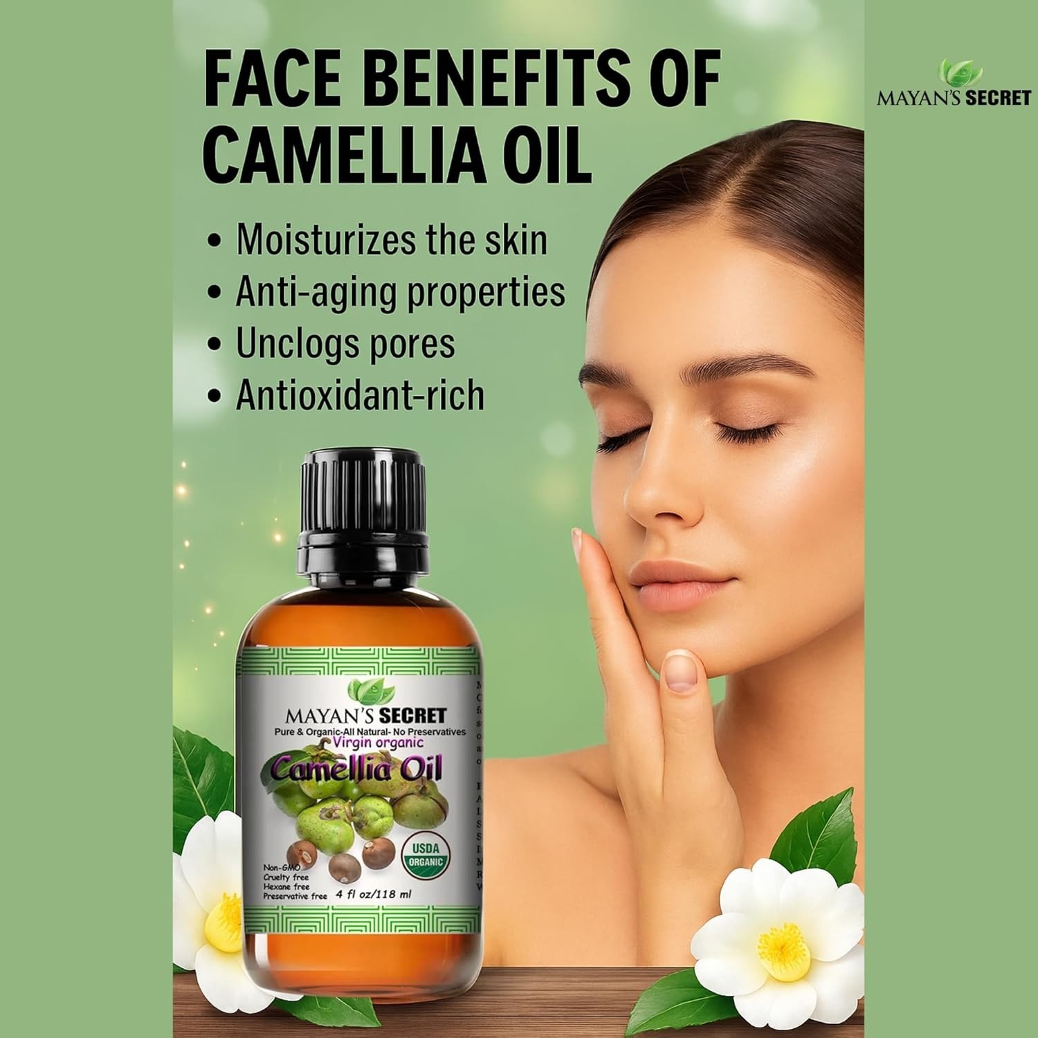 USDA Certified Virgin Organic Camellia Essential Oil Cold Pressed | 4oz Bottle