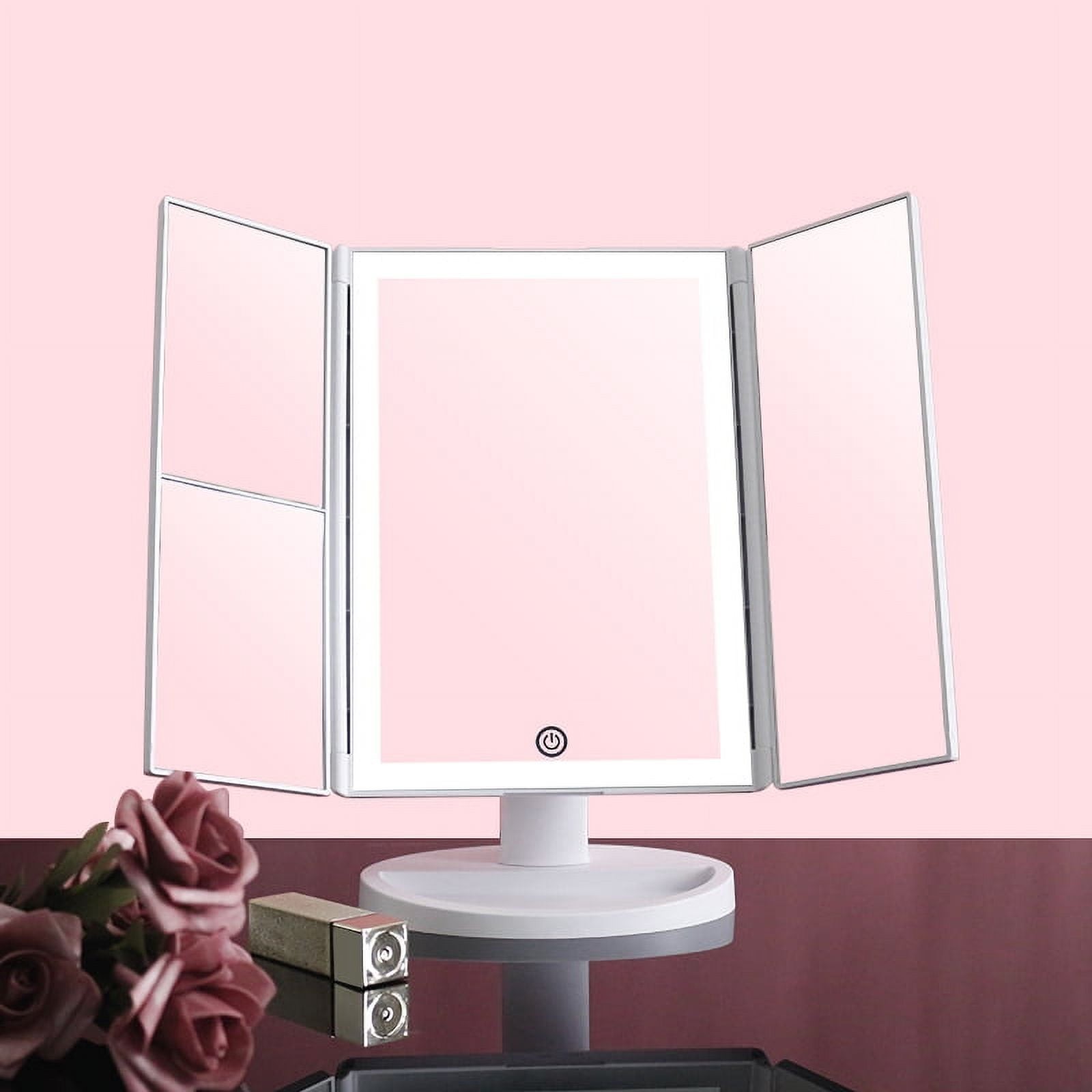 LED Lighted Magnifying Tri-Fold Tabletop Makeup Mirror White Touch USB