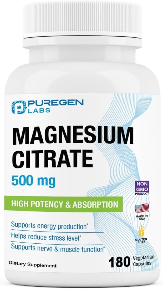 Puregen Labs Magnesium Citrate 500 mg | 180 Vegetarian Capsules | Exp 6/27