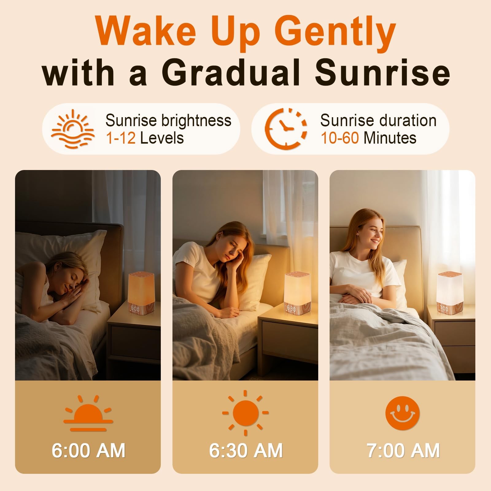 Sunrise Alarm Clock with Noise Machine: 3.74*3.74*7.08 Inch, Wood Grain