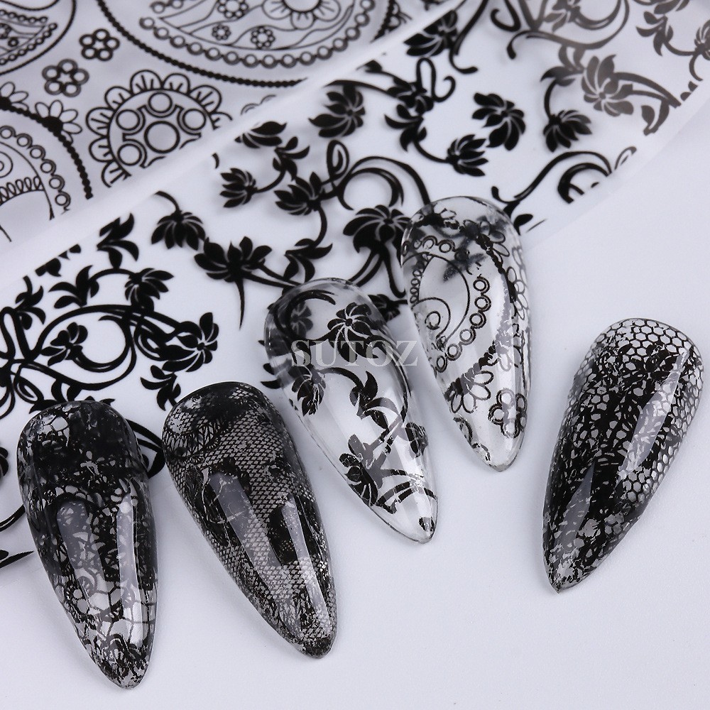 10Pcs Retro Black White Flower Lace Foils Nail Art Transfer Stickers Decals NH30