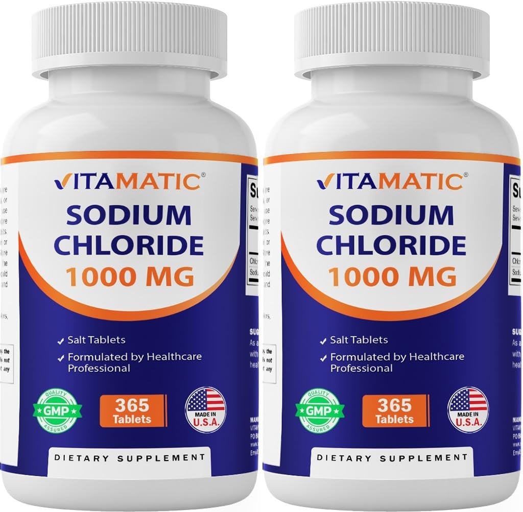 Electrolyte Replenisher Sodium Chloride 1000mg – 365 Tablets, 2 Bottles, Non-GMO