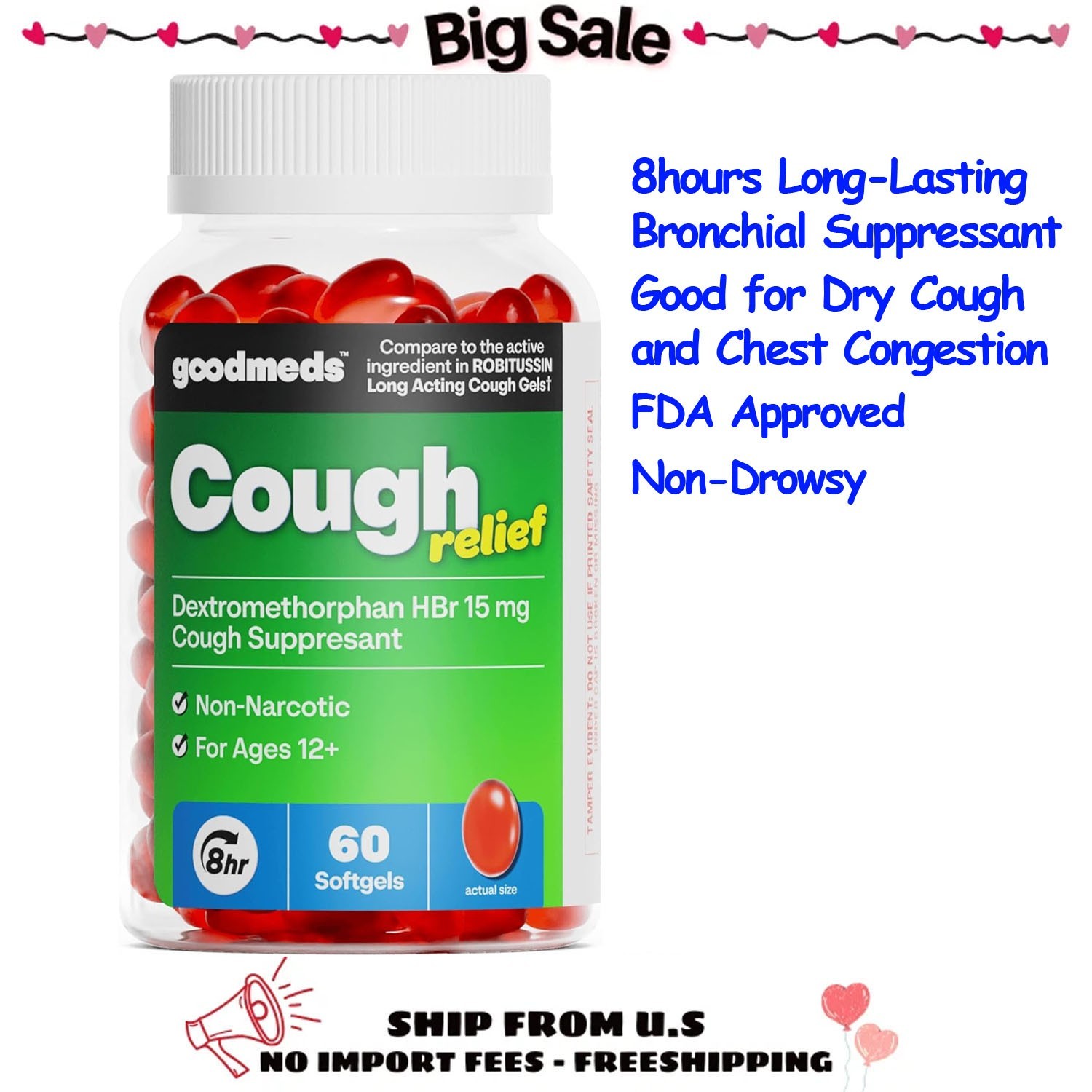 GoodMeds Cough Relief for Adults Softgels Dextromethorphan 15mg HBr DXM 60 Count