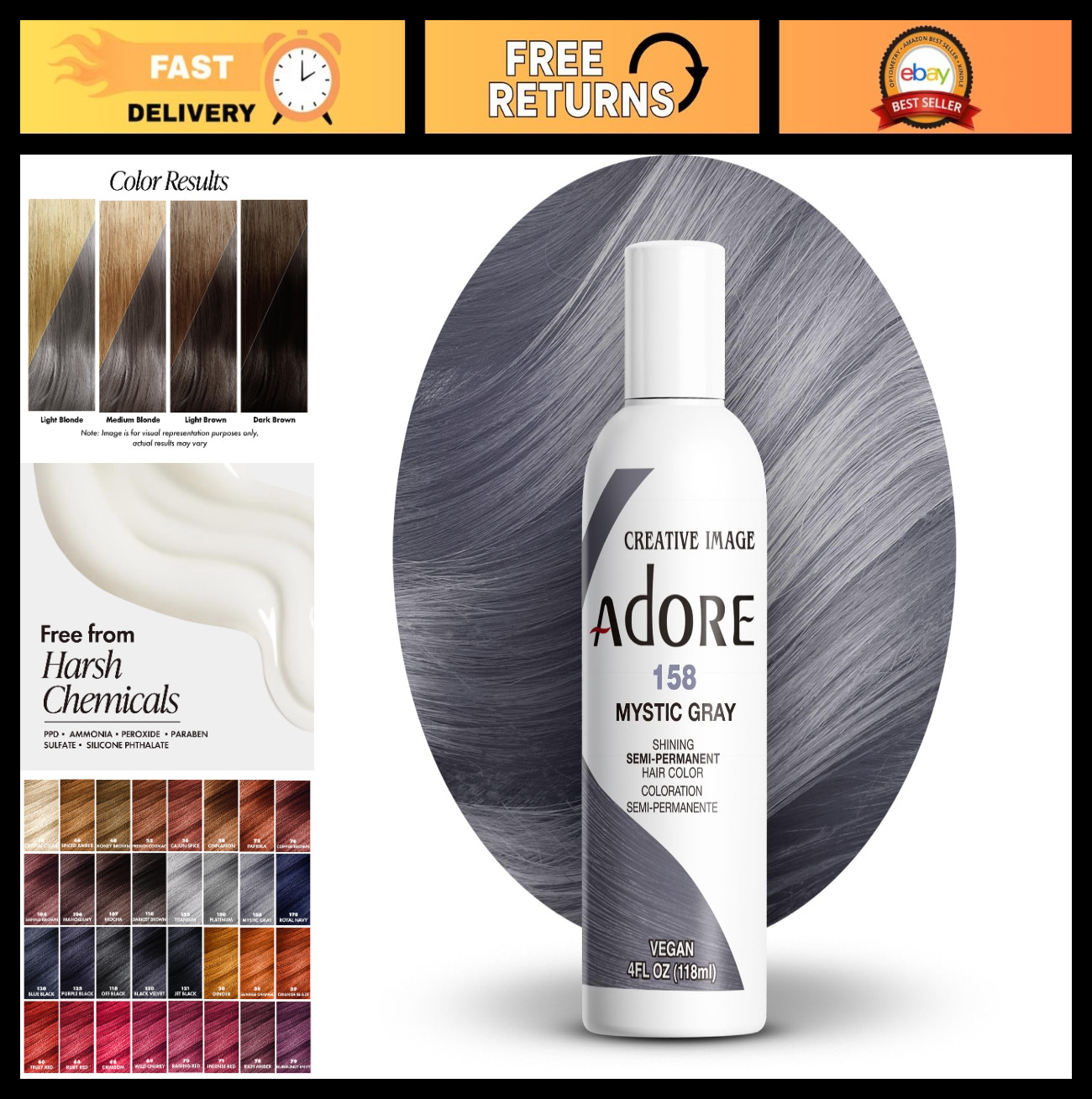Vegan Semi-Permanent Grey Hair Dye – Mystic Grey, No Ammonia, 4 Fl Oz, Cruelty-F