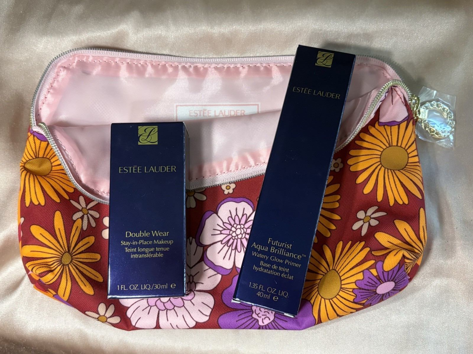 Estée Lauder Double Wear 2C3 Fresco Foundation + Brilliance Primer + Floral Bag