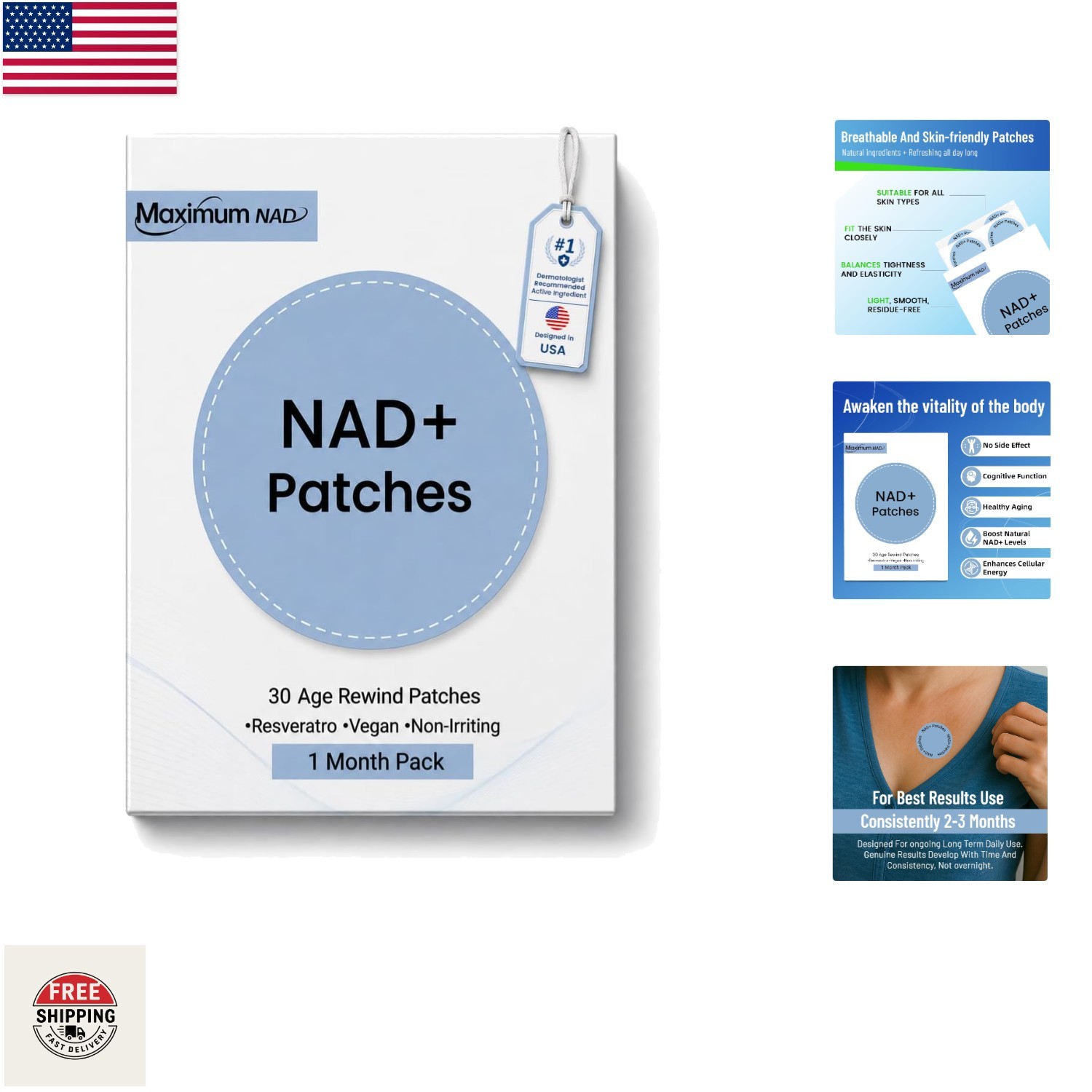 8-Hour NAD+ Patches for Adults – 30 Patches for Wellness & Energy