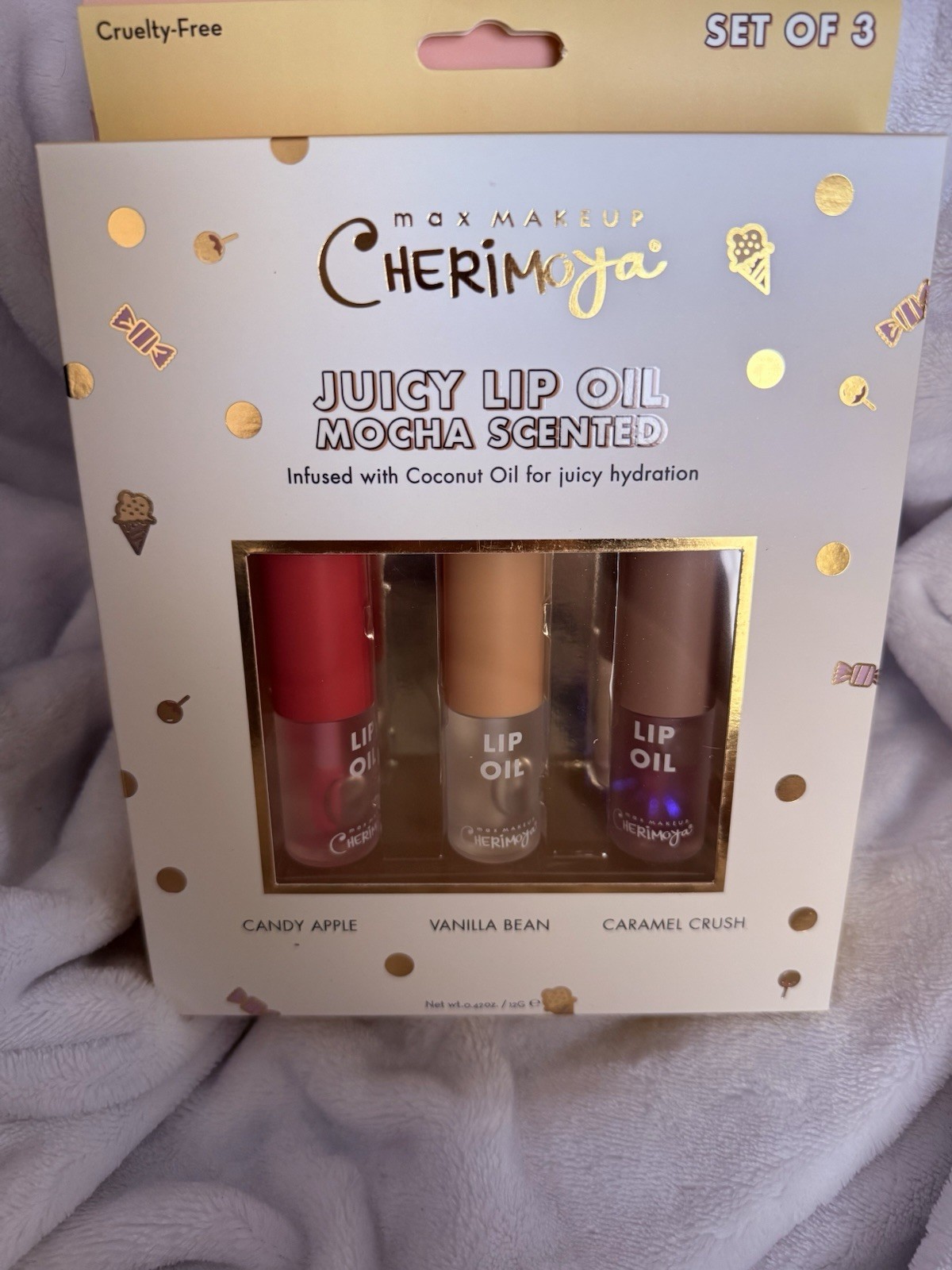 Cherimoya Juicy Lip Oil 3 Pack Candy Apple Vanilla Bean Caramel Crush NEW!!!