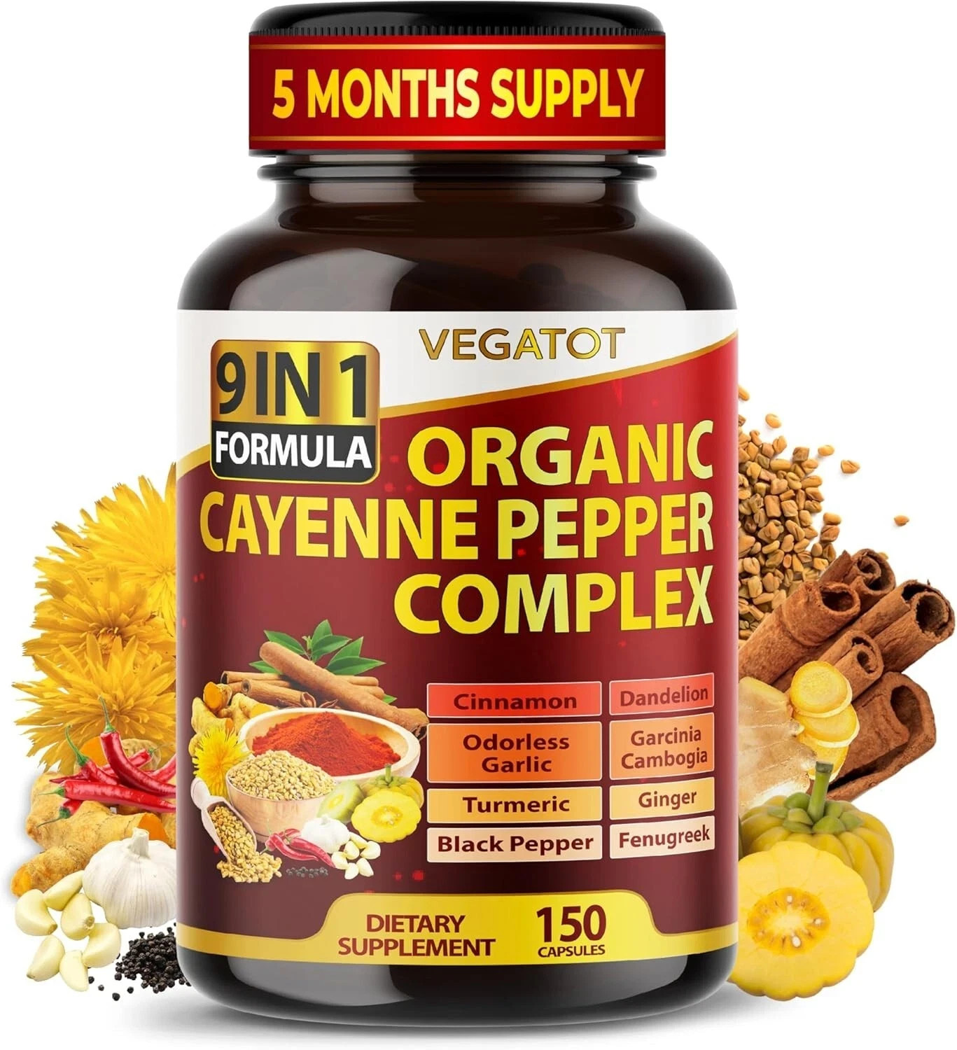 Organic Cayenne Pepper 9IN1 Complex 12,900Mg with Cinnamon, Ginger, Turmeric USA