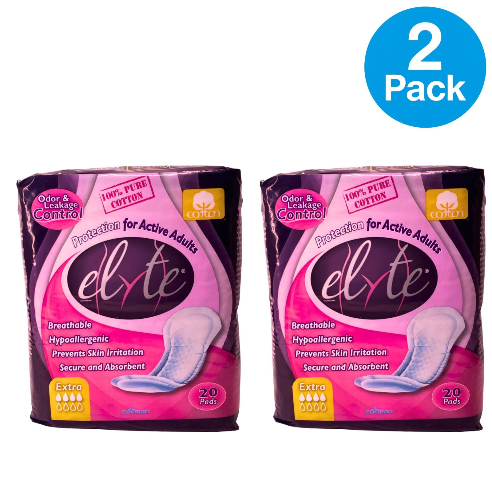 Elyte 100% Pure Cotton Pads Extra Absorbency Active Adults 20 Ct 2-Pack