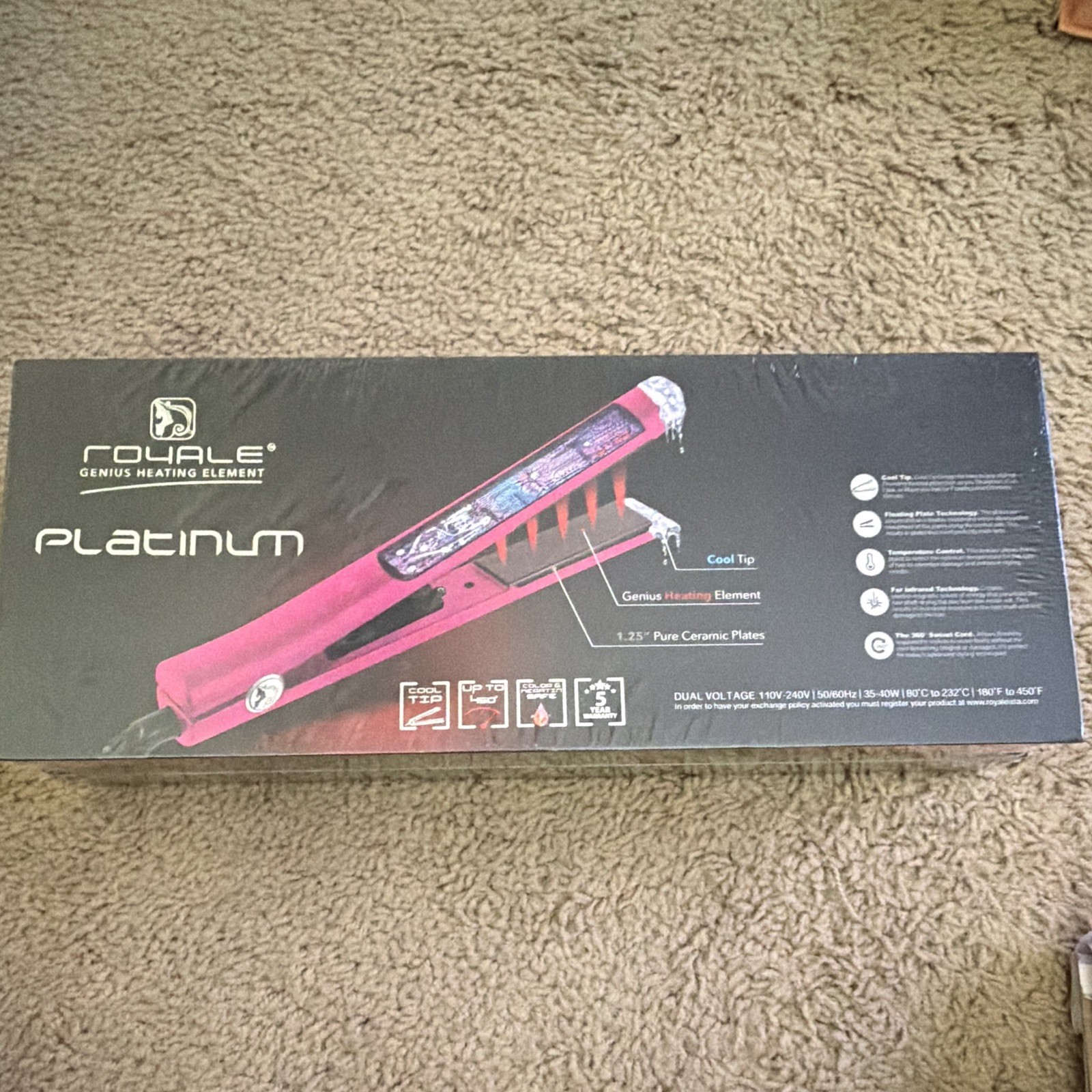 Royale Platinum 1.25in Ceramic Flat Iron Straightener 500°F Adjustable Pink