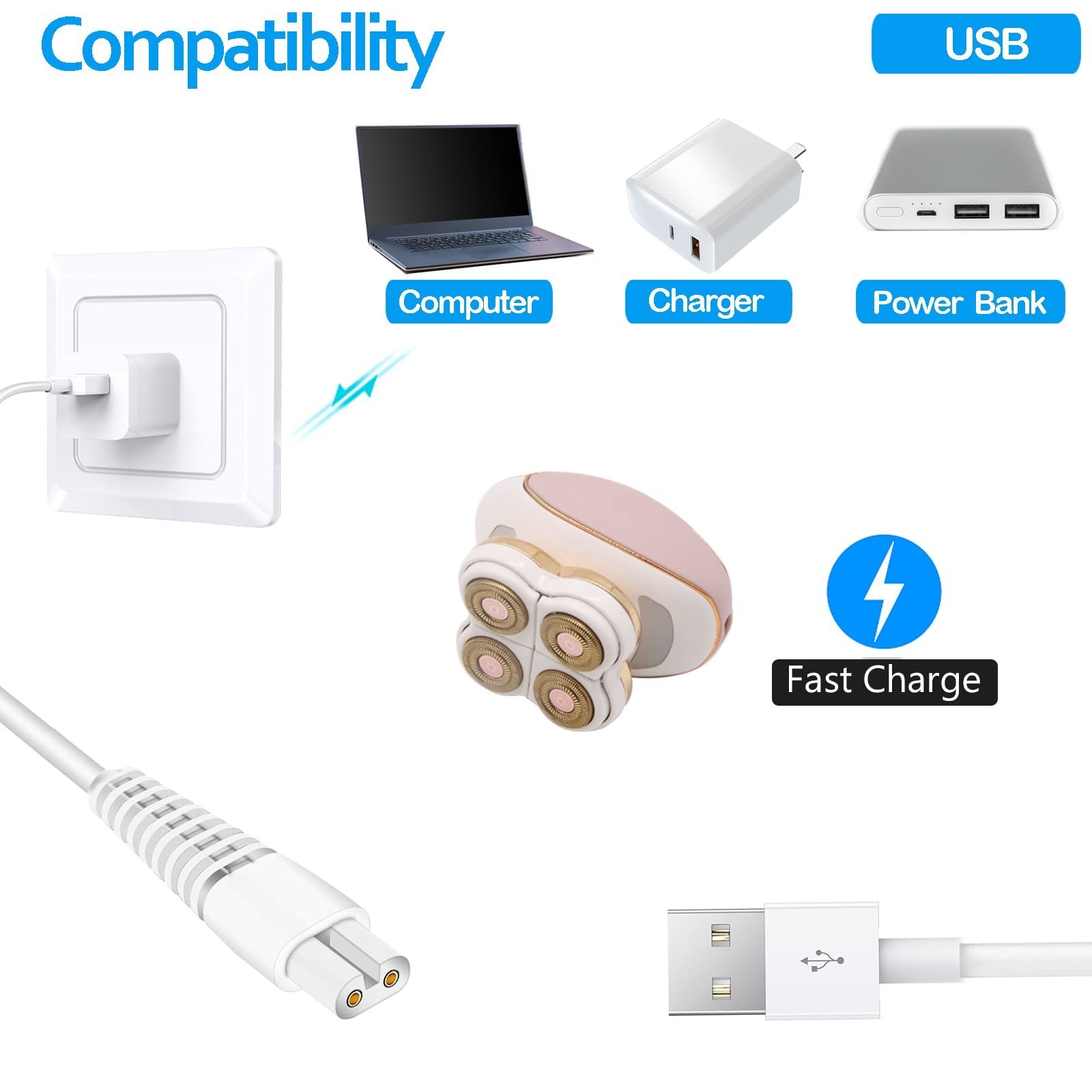 2 Pack Charging Cable for Electric Trimmer & Hair Remover, Power Cord for Shaver